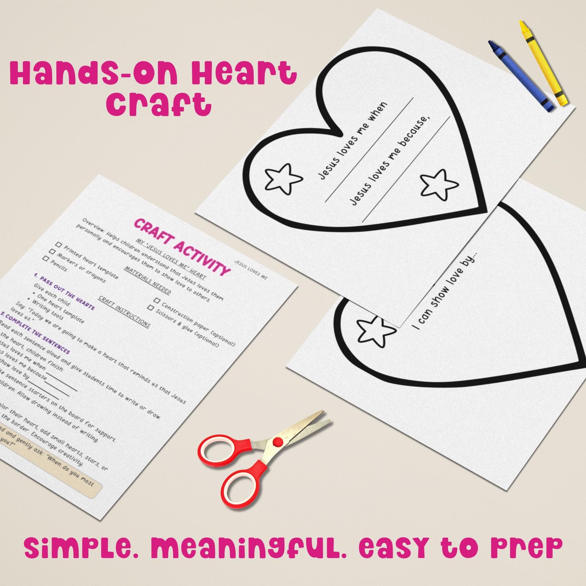 Hands-on heart craft printable for Jesus Loves Me Sunday School lesson, faith based coloring and writing activity for kids.