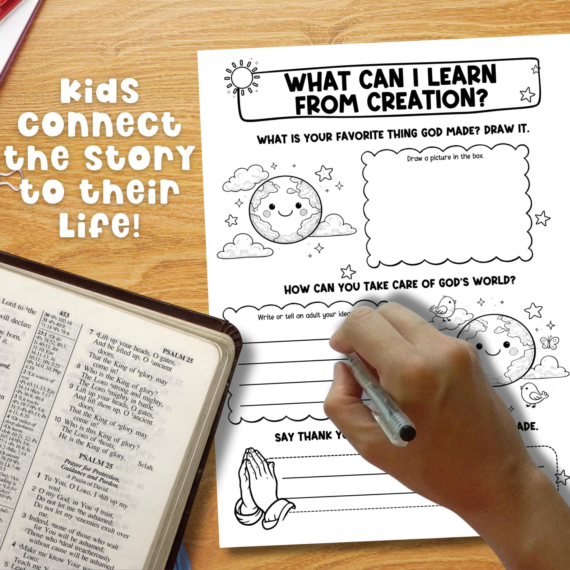 Creation story reflection worksheet, scripture study printable for kids, Bible questions and faith application activity page.