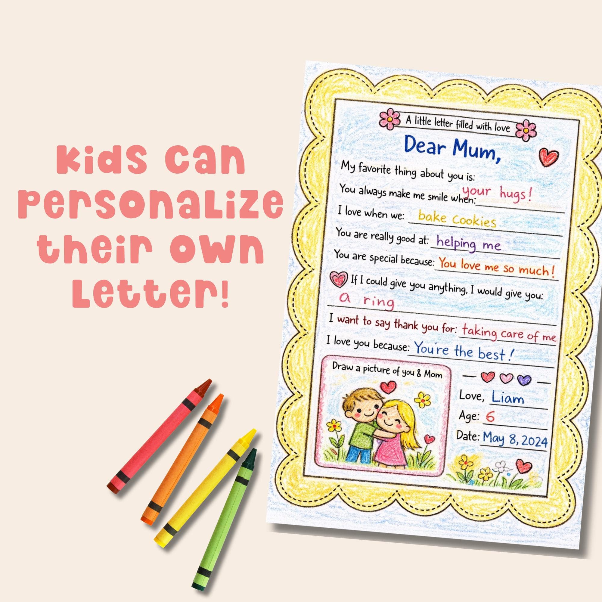 Kids can personalize their own Mother’s Day letter printable with fill in the blank prompts and drawing box keepsake.