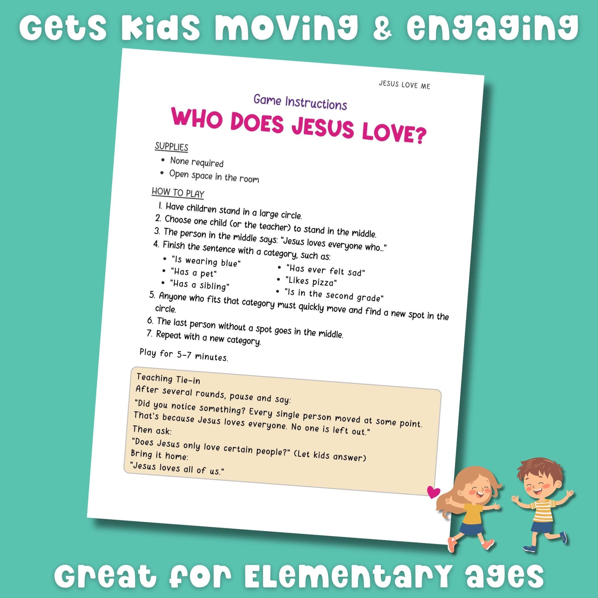 Christian classroom movement game โWho Does Jesus Love?โ interactive Sunday School activity for elementary Bible study kids.