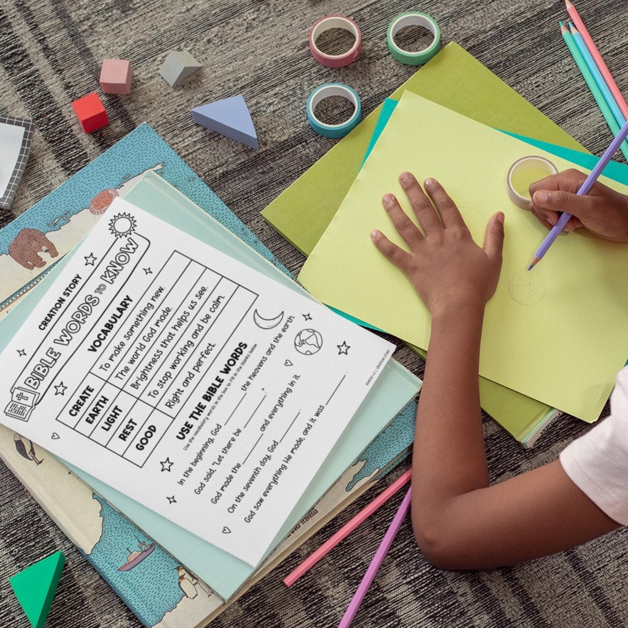 Kids Bible activities worksheet in use, Christian printable Bible study resource, creation story lesson for beginners, homeschool scripture study activity.
