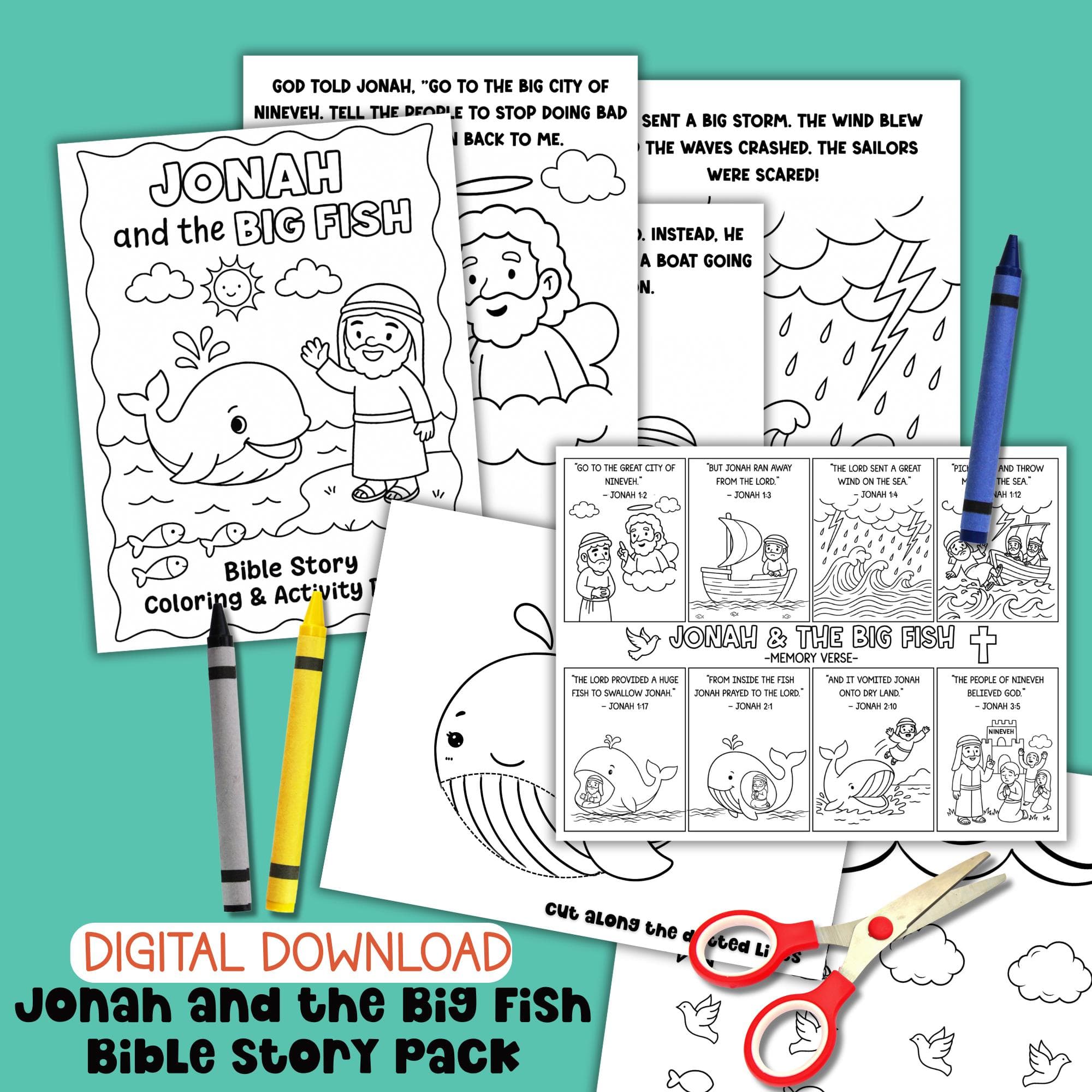 Jonah and the Whale Bible Verse Coloring Sunday School Craft Jonah and the Big Fish Bible Story Activity Page Bible Verse Lesson Printable