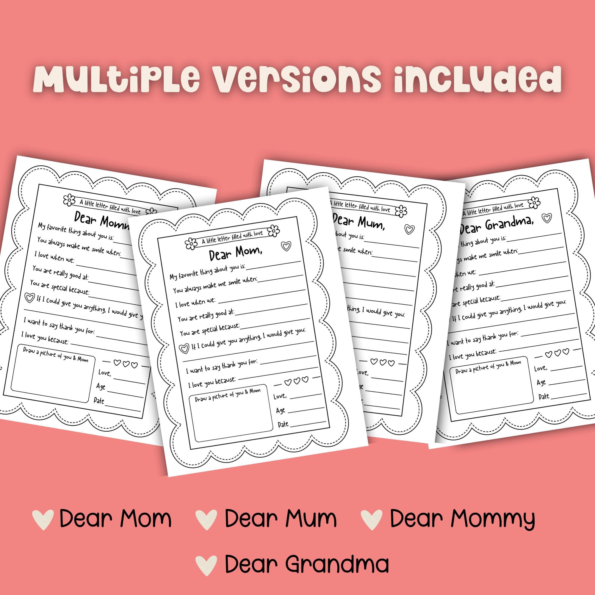 Mother’s Day letter printable bundle with Dear Mom Dear Mum Dear Mommy and Dear Grandma versions included.