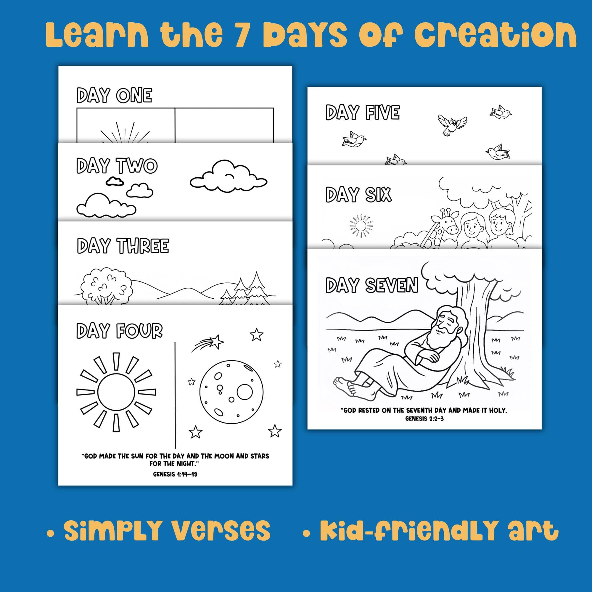Seven days of creation coloring pages preview with simple Bible verses.
