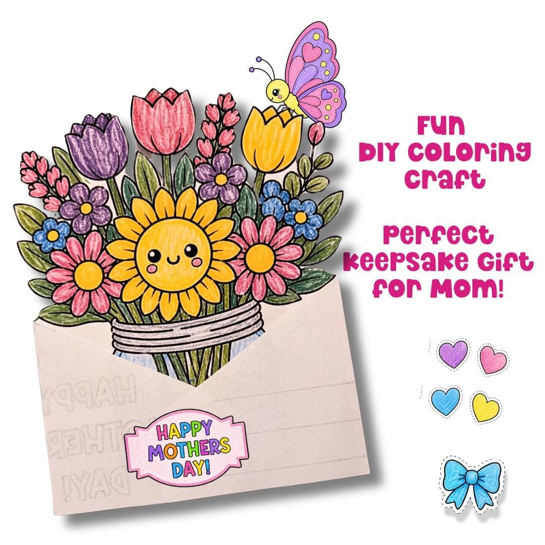 DIY Mother’s Day coloring craft for kids, printable bouquet card for mom, handmade keepsake gift, fun cut and paste flower activity