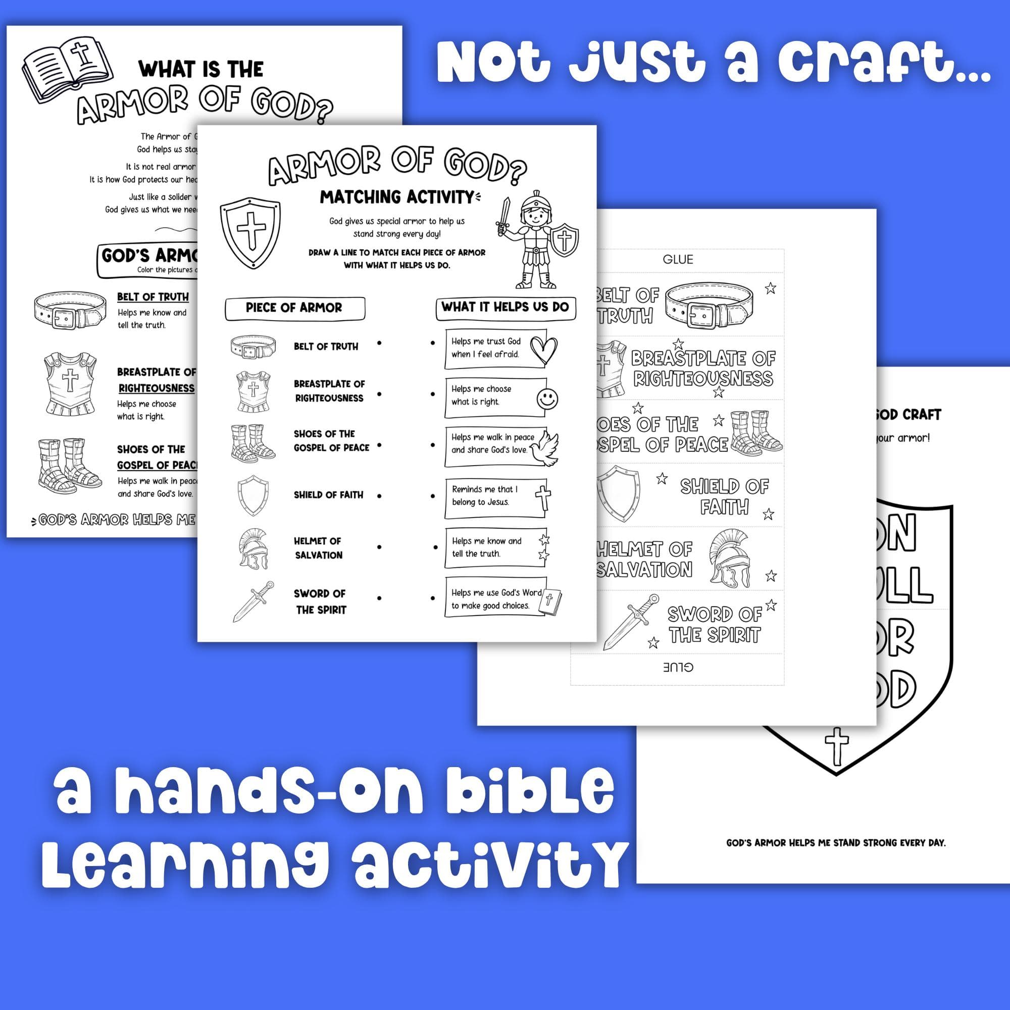 Armor of God printable bundle kids Bible craft worksheet coloring and matching activity Christian teaching resource for Sunday school.