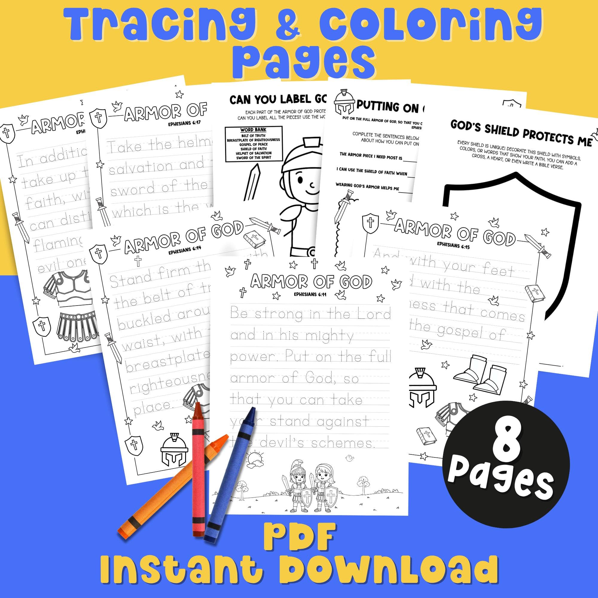 Armor of God Printable Bible Activity Bible Verse Coloring Bible Lesson PDF Bible Study Resource Sunday School Tracing Worksheet for Kids
