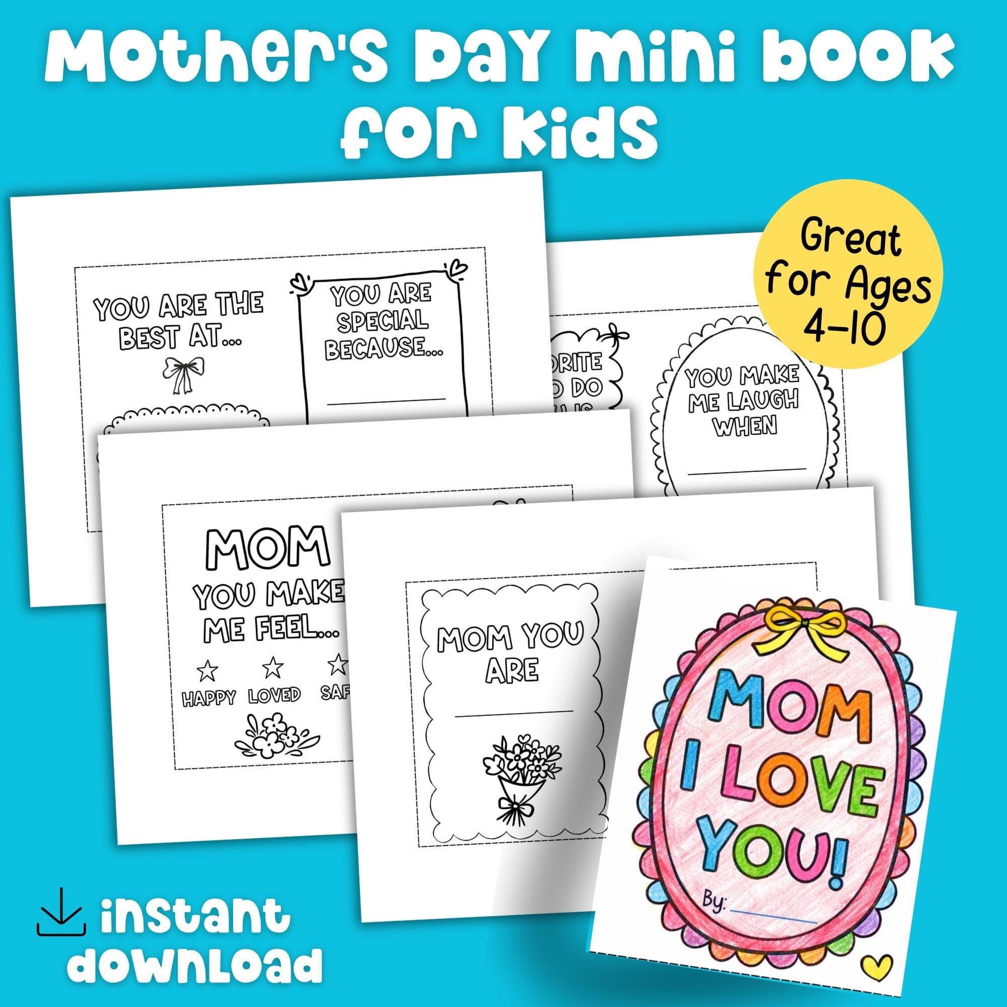Mothers Day Printable for Kids | Mom Coloring Mini Book | Fill in the Blank All About My Mom | Last Minute Mothers Day Craft Activity