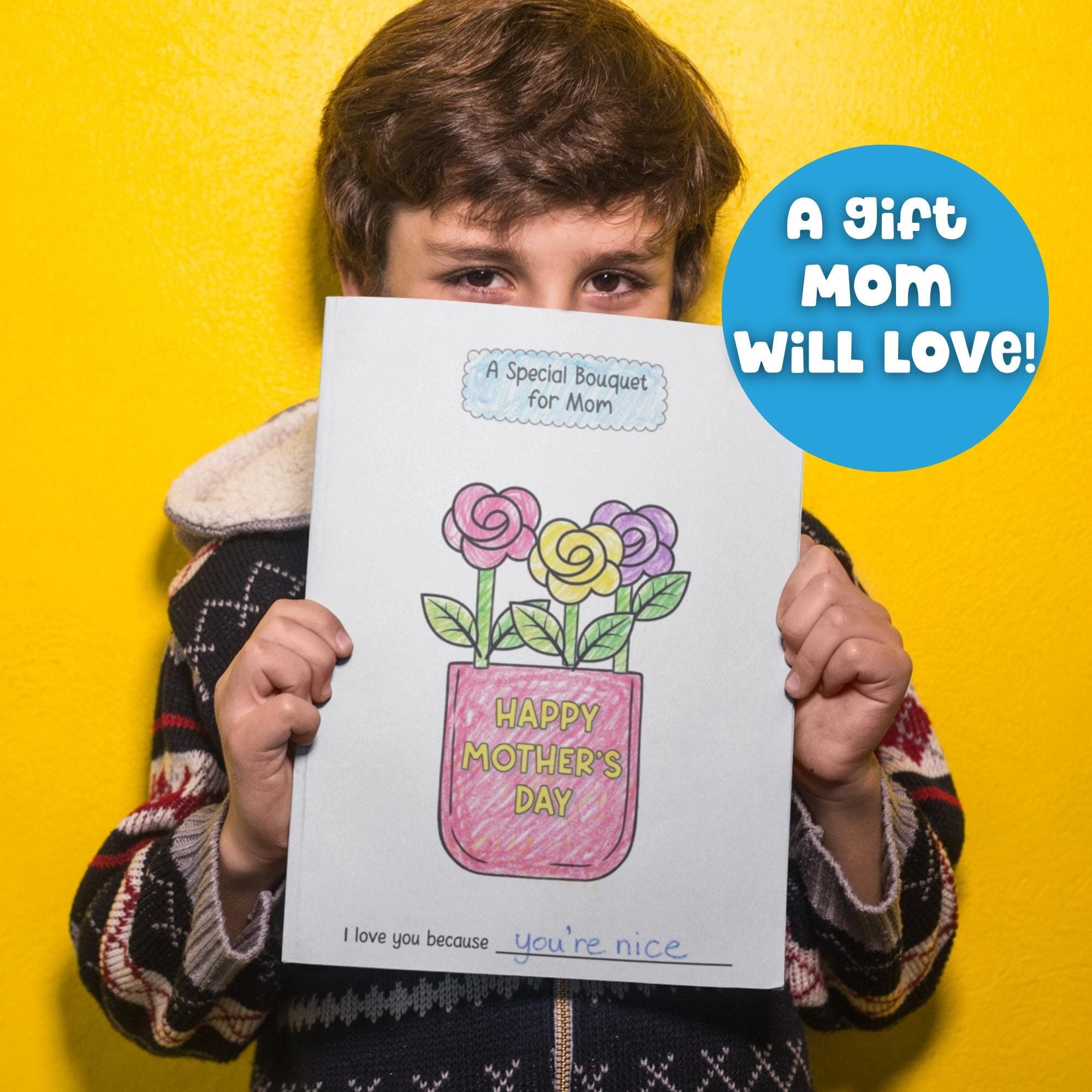 Mom gifts from toddler printable flower bouquet card kids holding finished coloring craft flower art printable Motherโs Day activity.