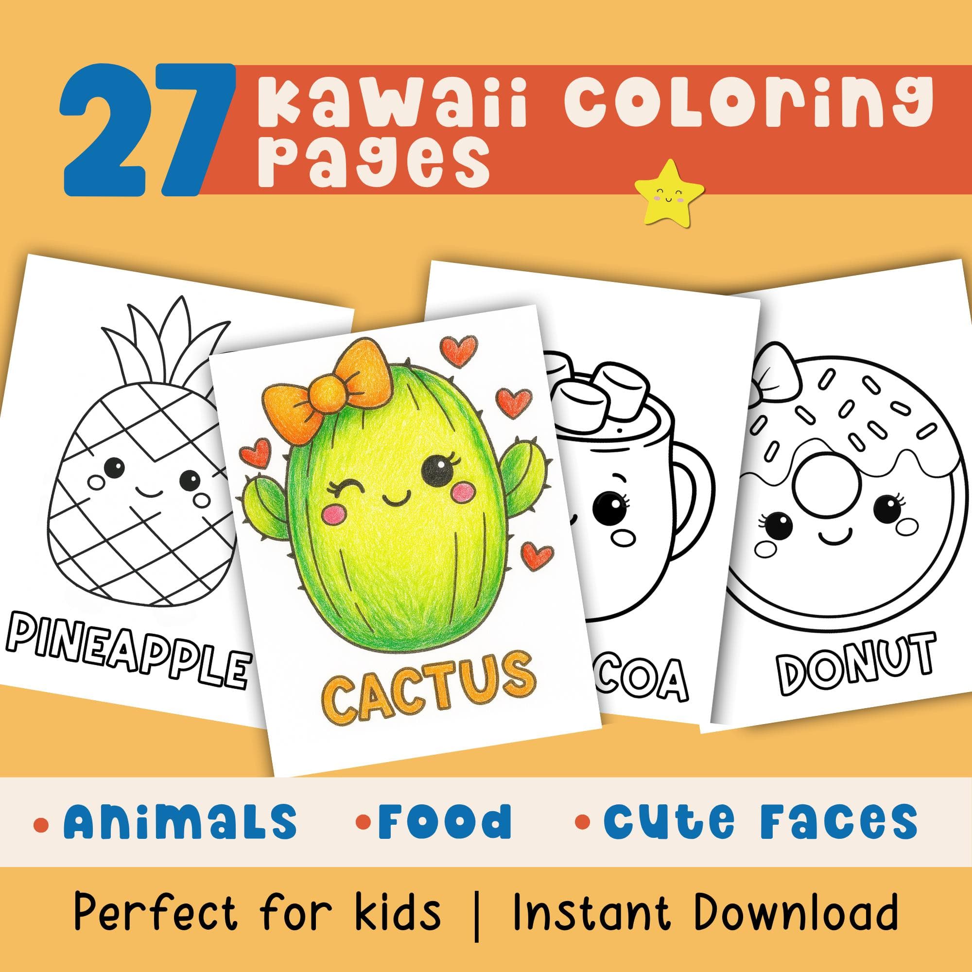Kawaii Coloring Pages for Kids | Cute Squishy Food Animal Printable | Simple Bold Easy | Screen Free Quiet Kid Activity Pack | Fun Coloring
