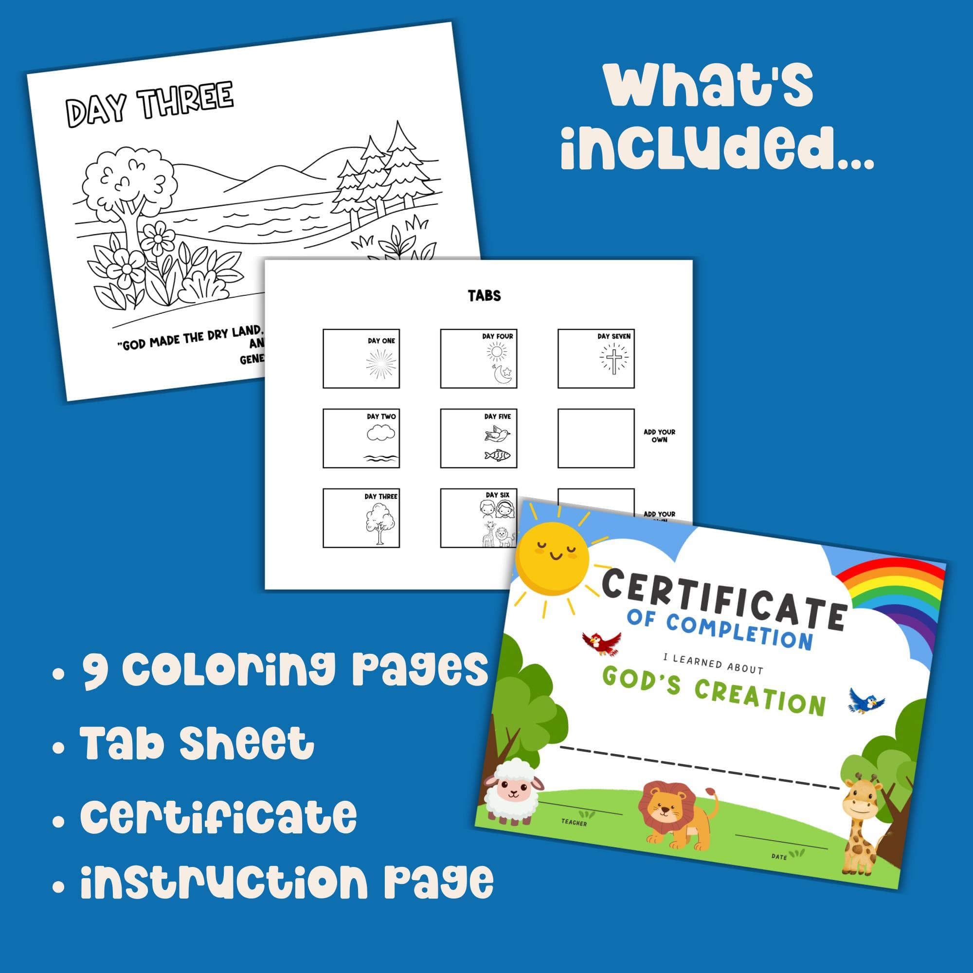 What’s included preview showing Days 1–7 pages memory verse tabs sheet and certificate.