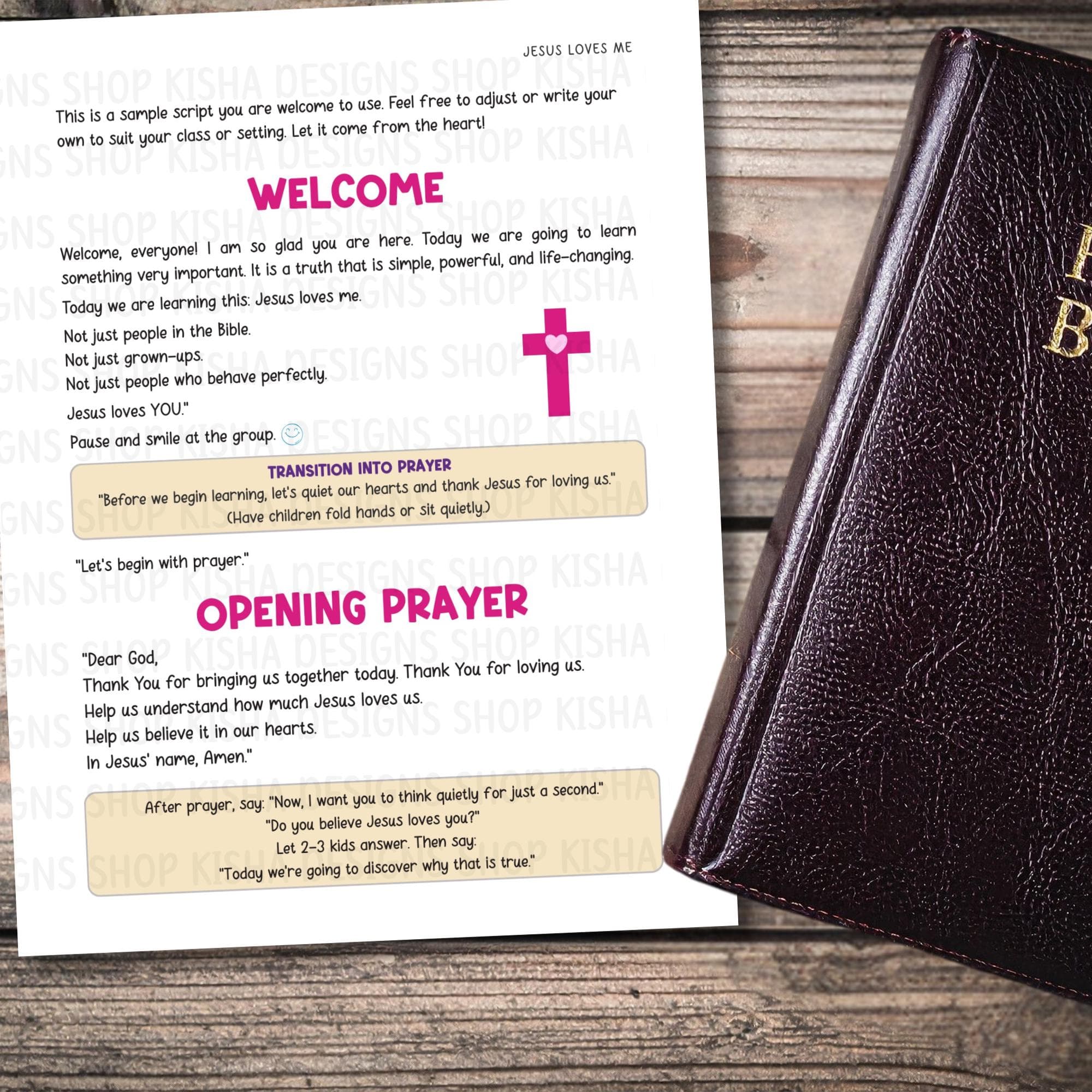 Christian Sunday School lesson script page for teachers featuring opening prayer, welcome message, and structured Bible education plan for kids.