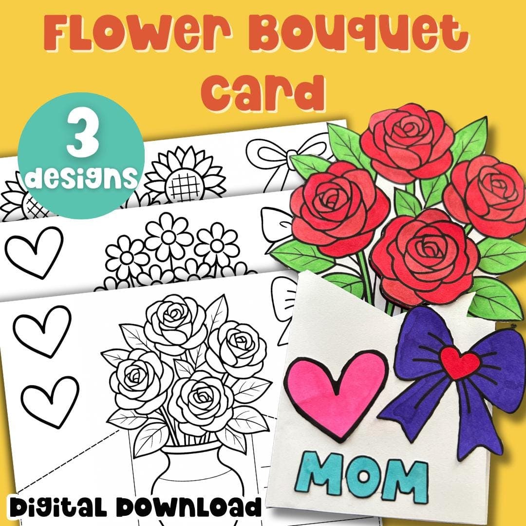 Mother’s Day Coloring Card Printable Bouquet Flowers DIY Kid Craft | Color Your Own Card Gift for Mom or Grandma | Kids Activity