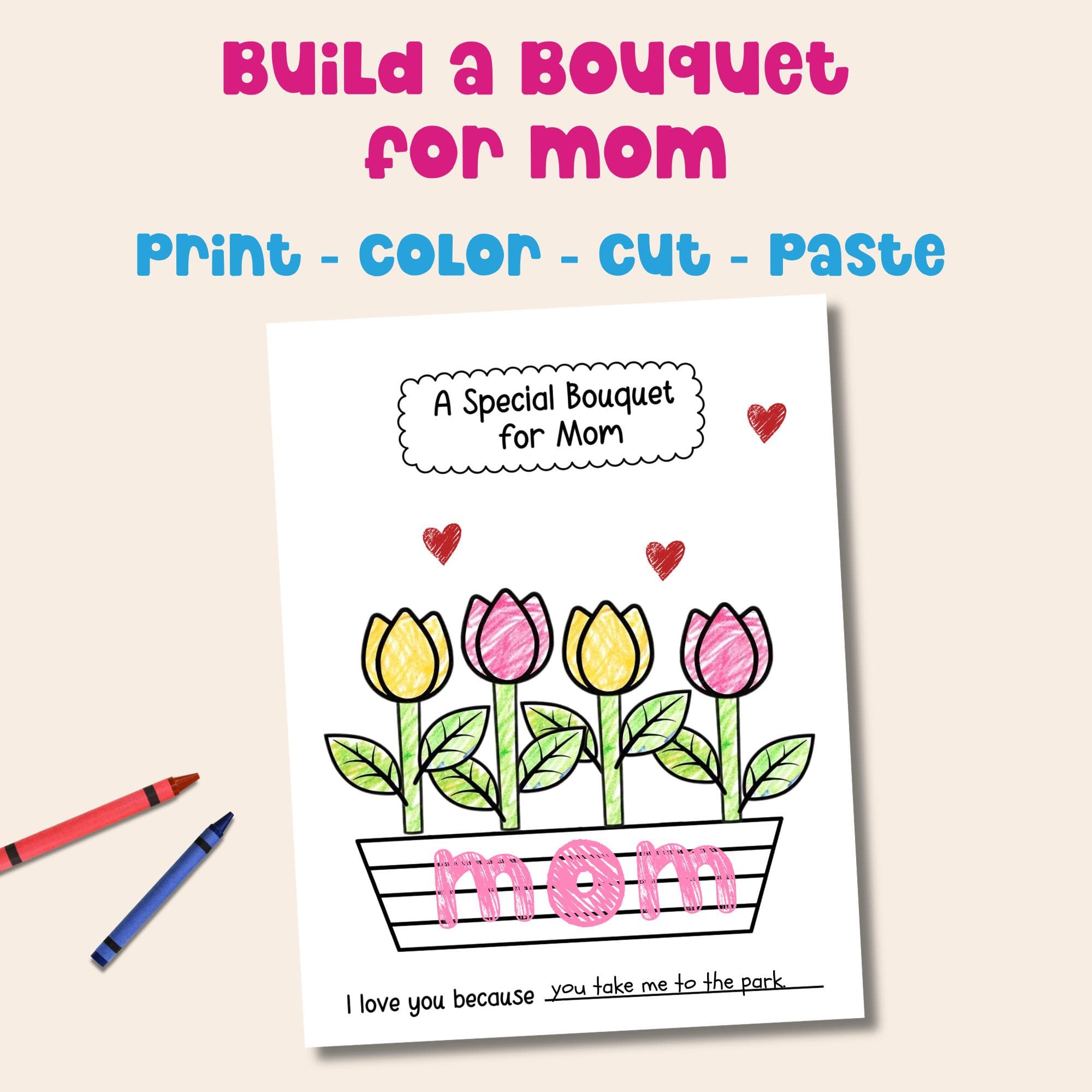 Build a flower printable activity step by step coloring craft print color cut paste flower bouquet card for mom easy flower craft.