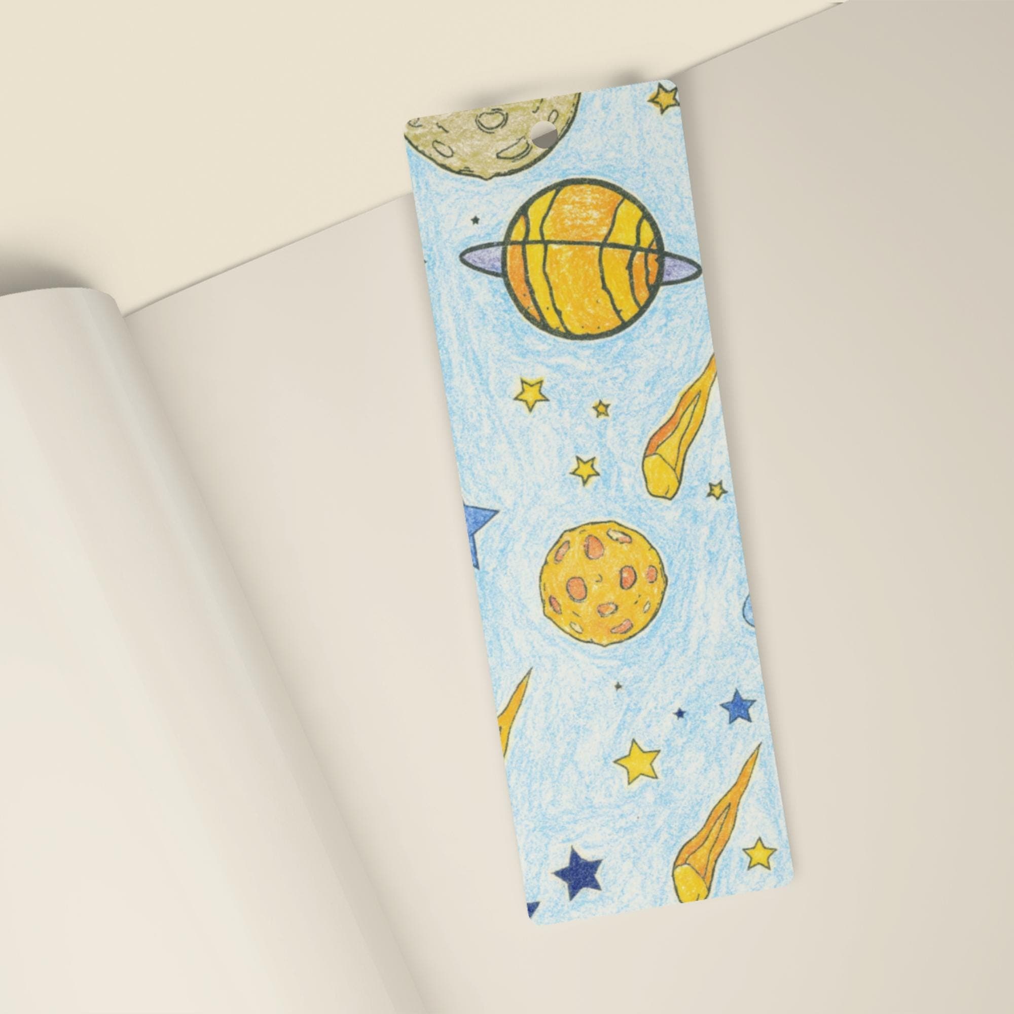 Colored space theme printable bookmark for kids with planets stars and moon doodle design fun school librarian activity.