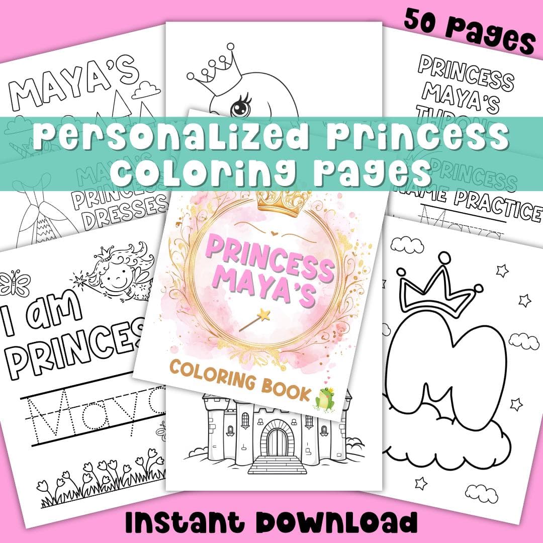 Princess Theme Personalized Name Coloring Book Travel Activity Preschool Coloring Printable Toddler Busy Book Gift Color Cute Princess Sheet