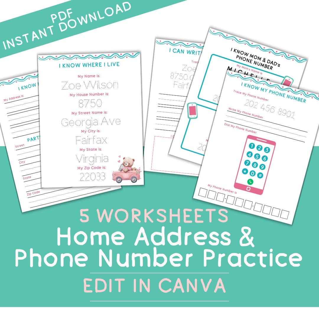 Editable Phone Number and Address Preschool Printable Number Activity for Homeschool Kid Travel Activity Preschool Learning Bundle PDF