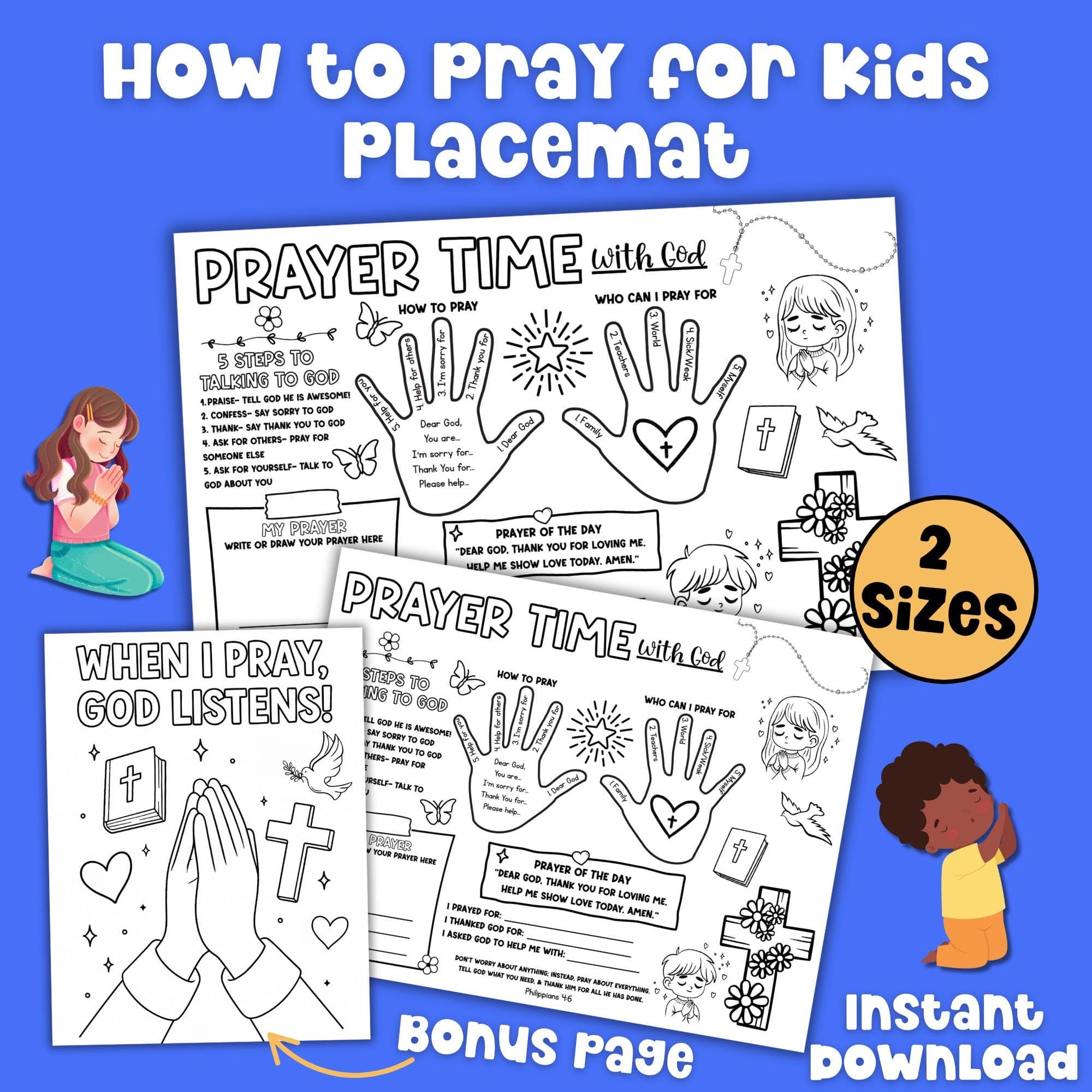Prayer Mat Printable | Kid Bible Activity | 5 Finger Prayer | Sunday School Activity Sheet | Bible Coloring Page | Christian Placemat