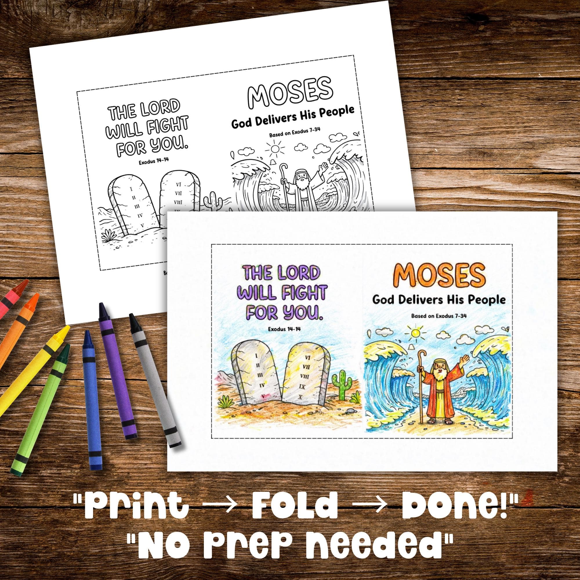 Printable mini coloring book Moses Bible story print fold booklet no prep Christian kids activity easy to use.