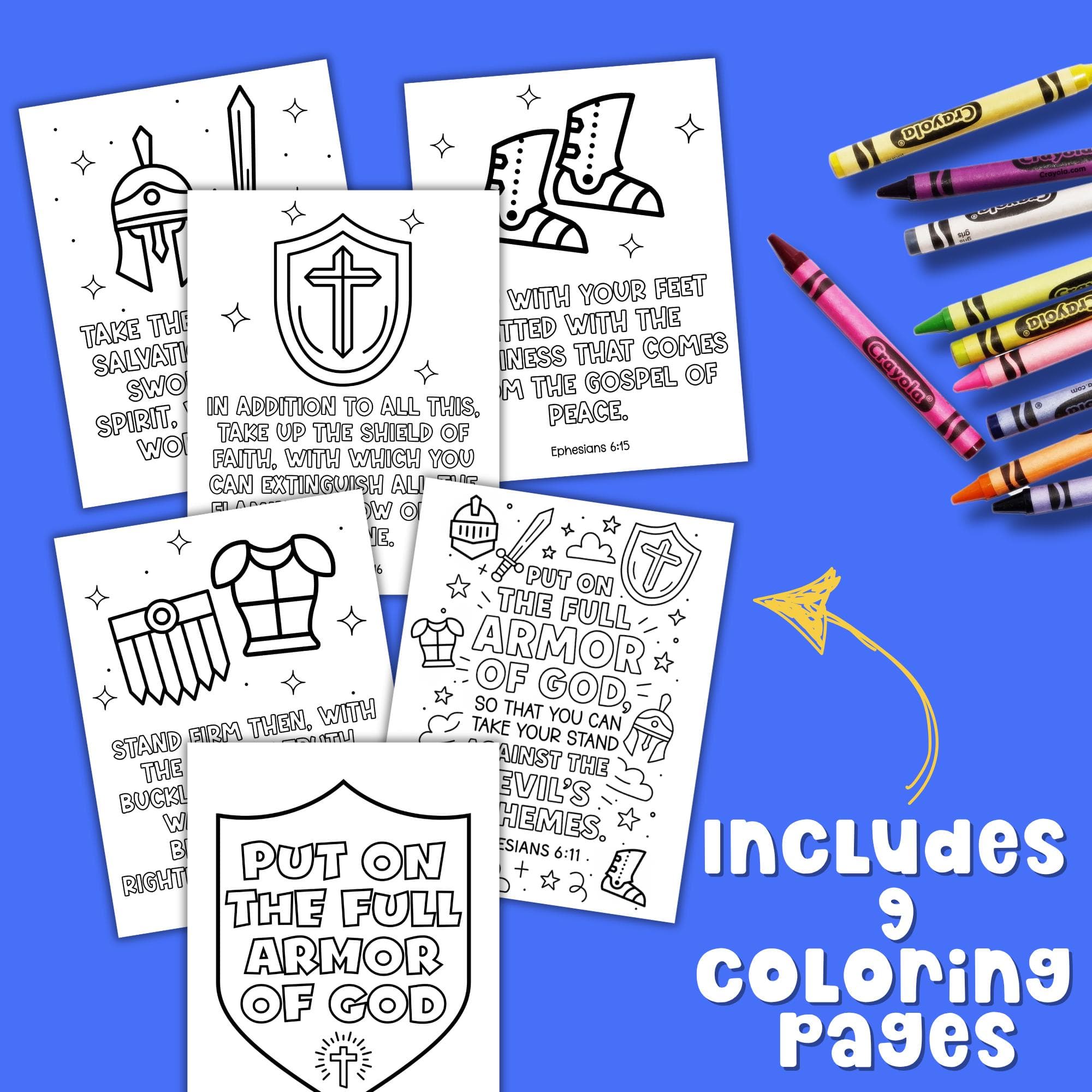 Bible verse coloring Armor of God puzzle with scripture references and interactive elements like matching and word search