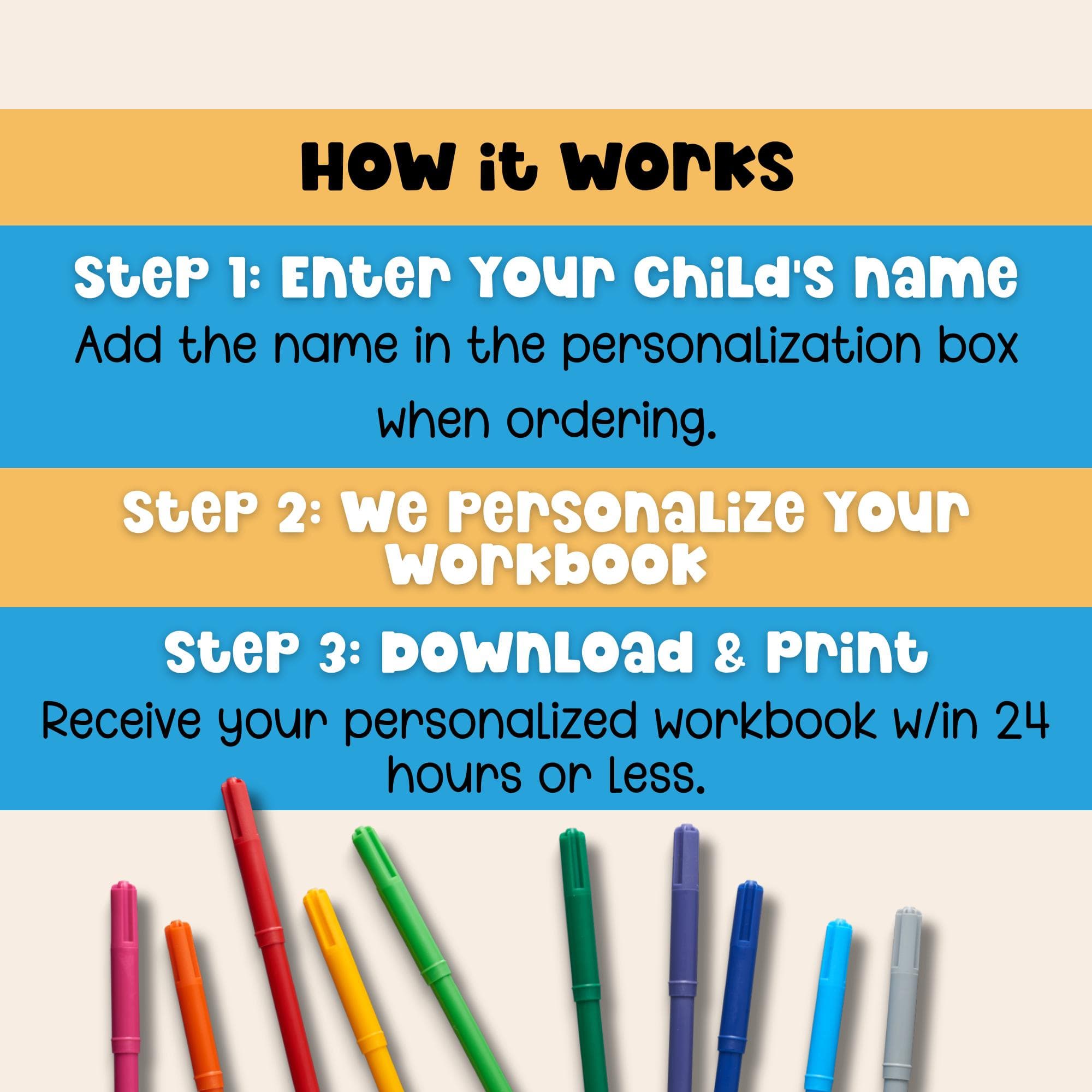 Custom name tracing workbook printable personalized with your child’s name, simple order process with fast turnaround and printable preschool handwriting practice.