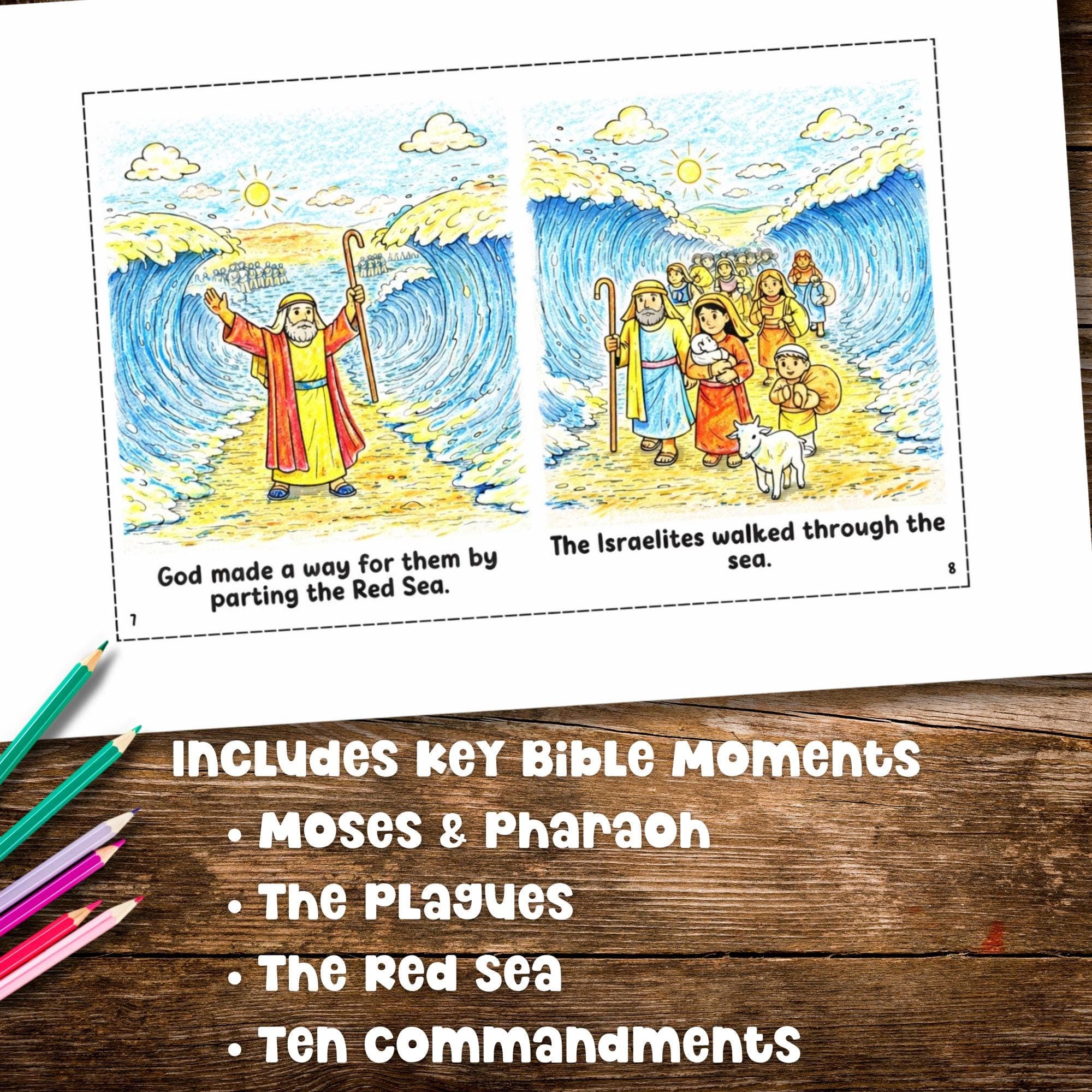 Moses parting the Red Sea coloring page colored example Bible story printable Old Testament kids activity
