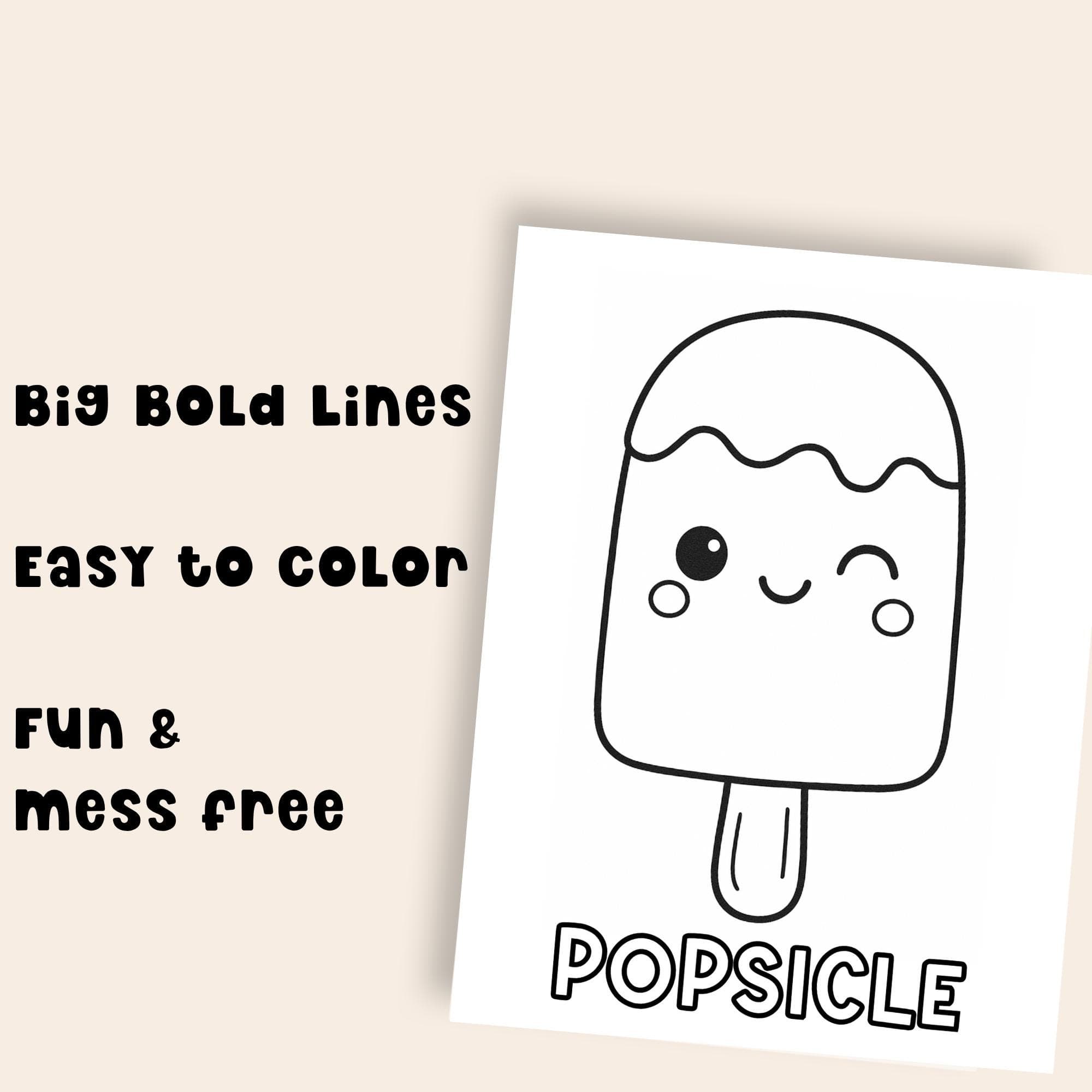 Kawaii popsicle coloring page with big bold lines and bubble letters, shown next to playful text reading ‘Big Bold Lines, Easy to Color, Fun & Mess Free’ on a light beige background.