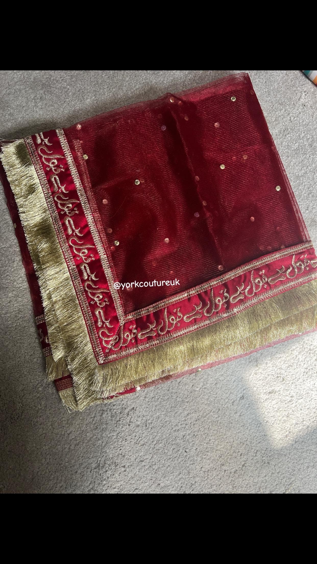 Maroon and Gold Bridal Veil “Qabool Hai” Nikkah Dupatta, Rukhsati Veil with Sequins, Premium Large Wedding Dupatta 140cm x 250cm Shadi Scarf - image 4