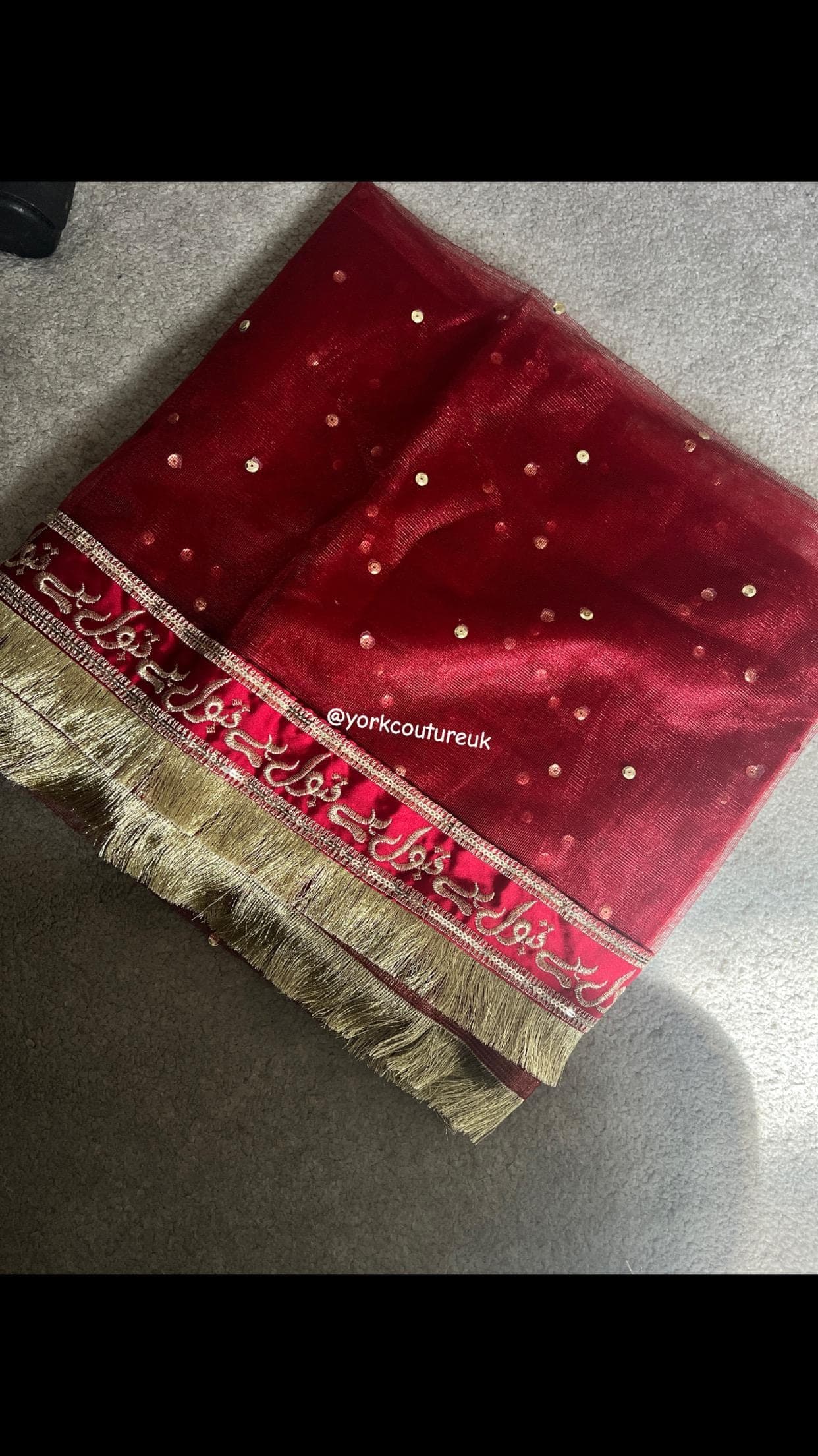 Maroon and Gold Bridal Veil “Qabool Hai” Nikkah Dupatta, Rukhsati Veil with Sequins, Premium Large Wedding Dupatta 140cm x 250cm Shadi Scarf