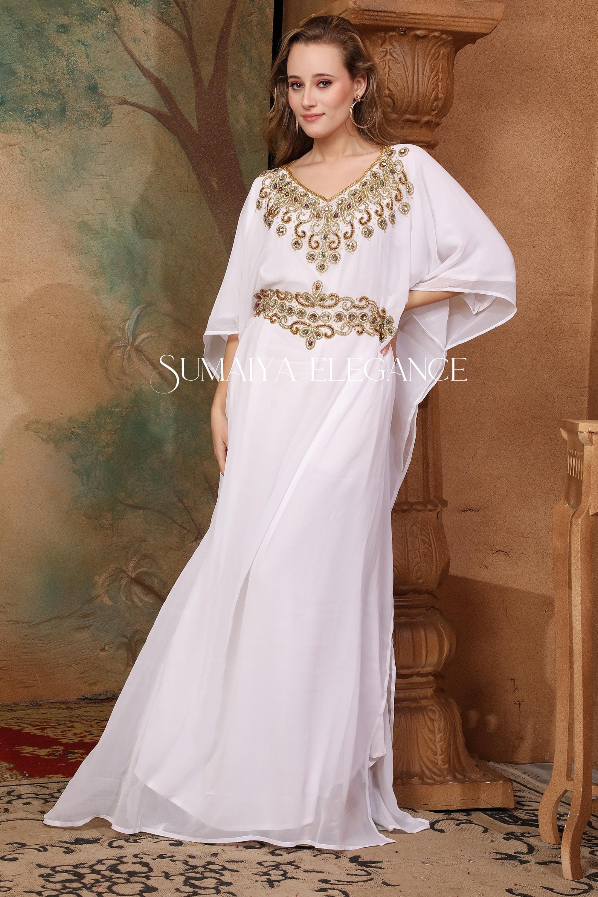 Handmade Golden Beaded Kaftan Dress, Georgette Abaya with Scarf - image 4