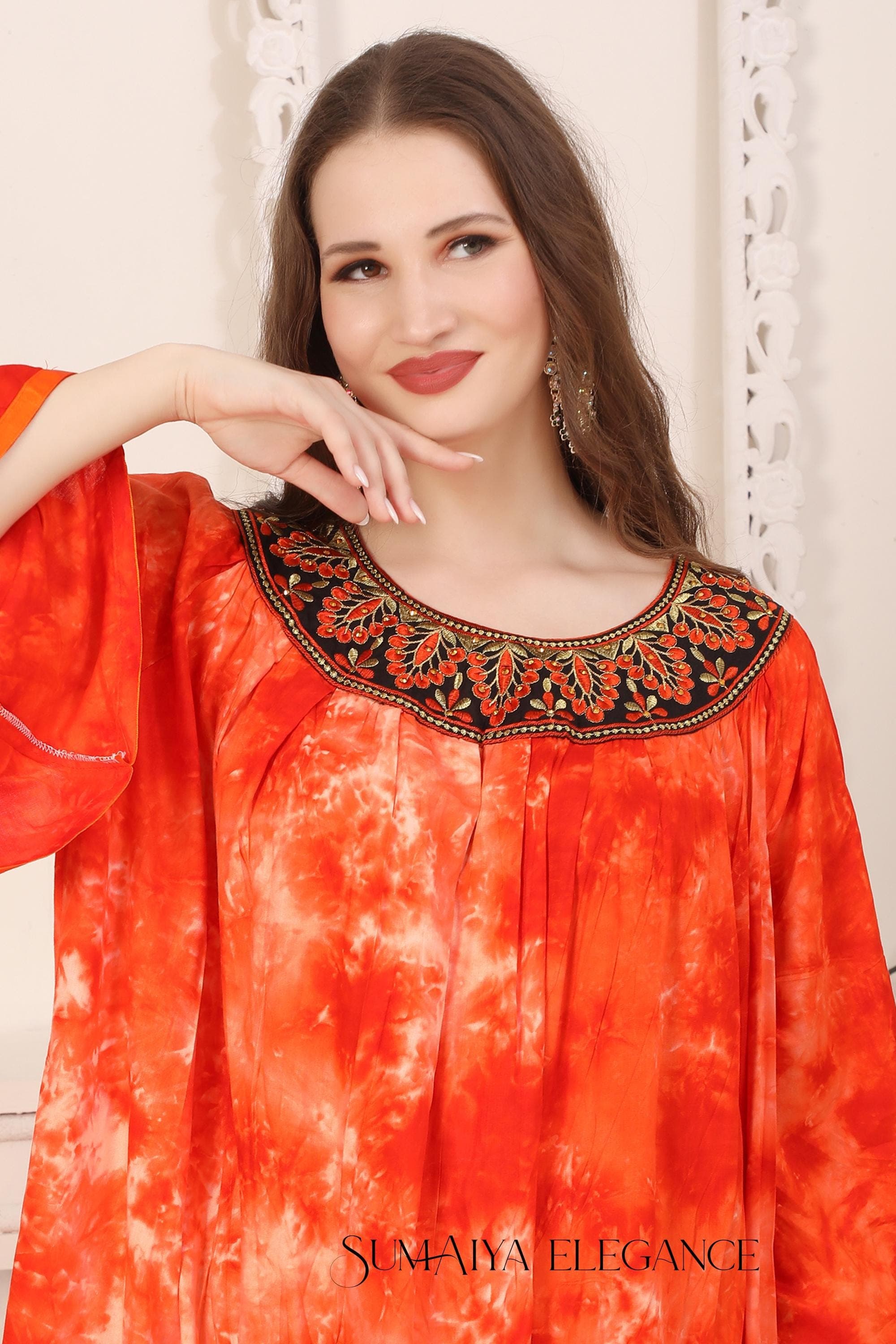 Embroidered Tie-Dye Kaftan Dress with Matching Scarf - image 3