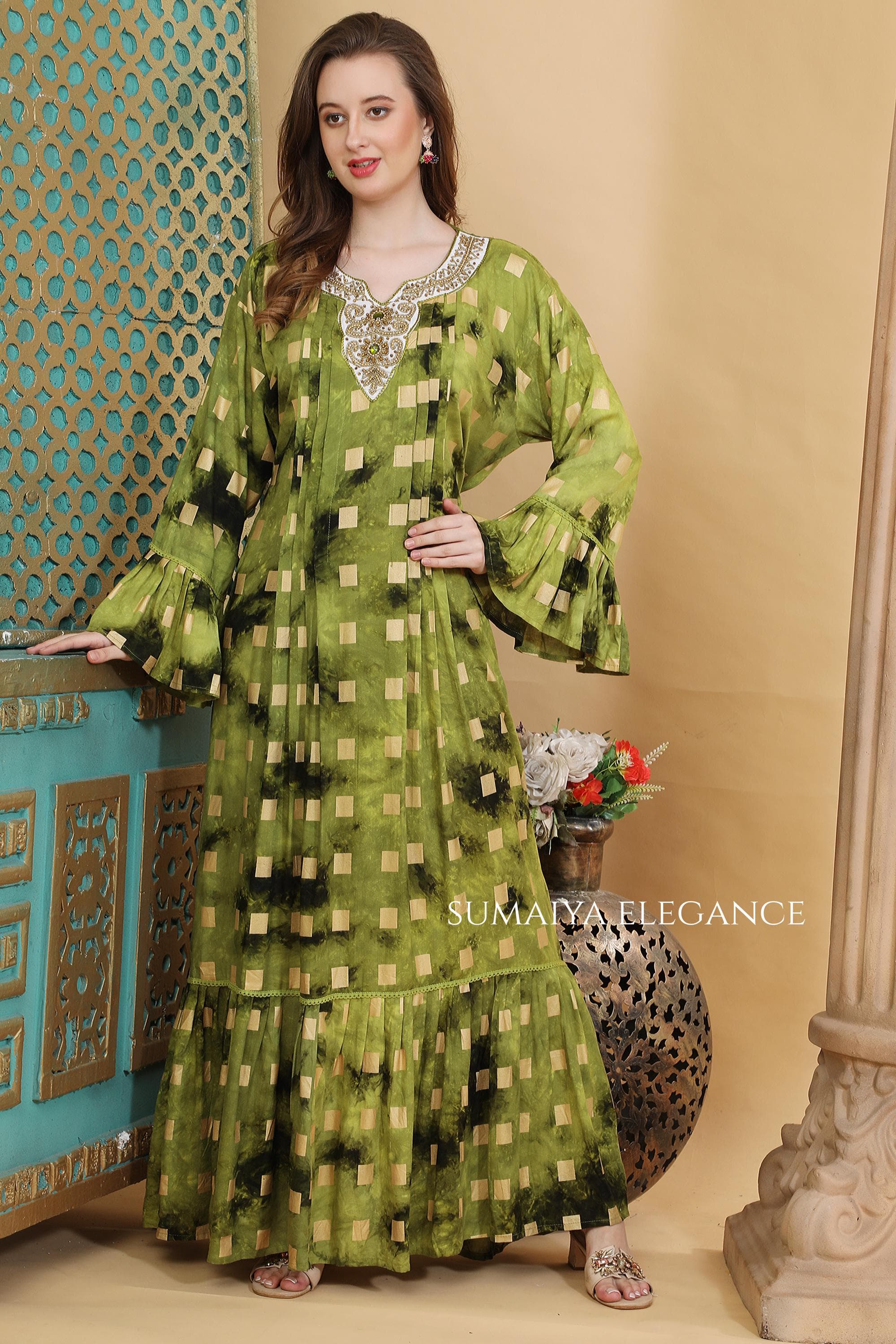 Embellished Geometric Kaftan Dress  Hand-Dyed Boho Maxi Gown with Flared Bell Sleeves  Elegant Embroidered V-Neck Abaya Loungewear