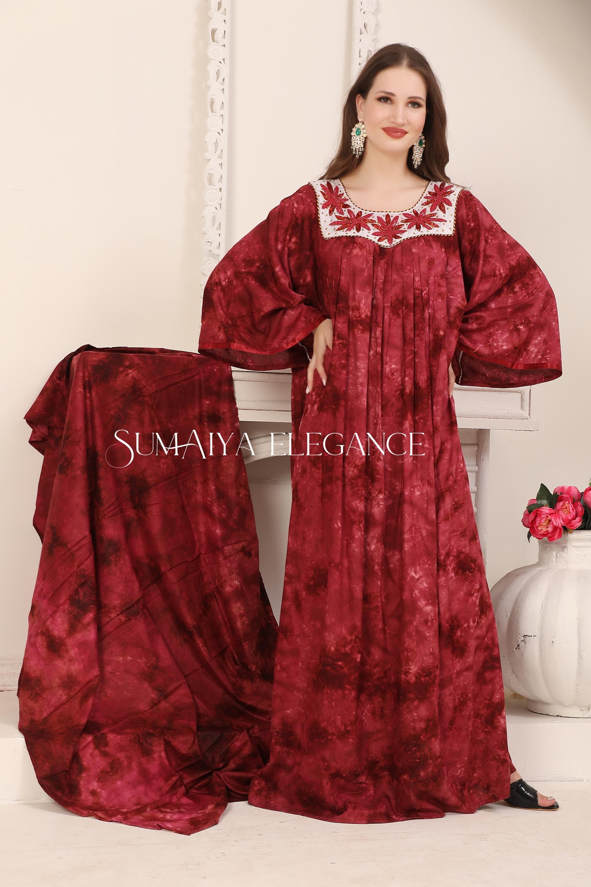 Handmade Reyon Cotton Kaftan with Scarf, Plus Size Boho Dress