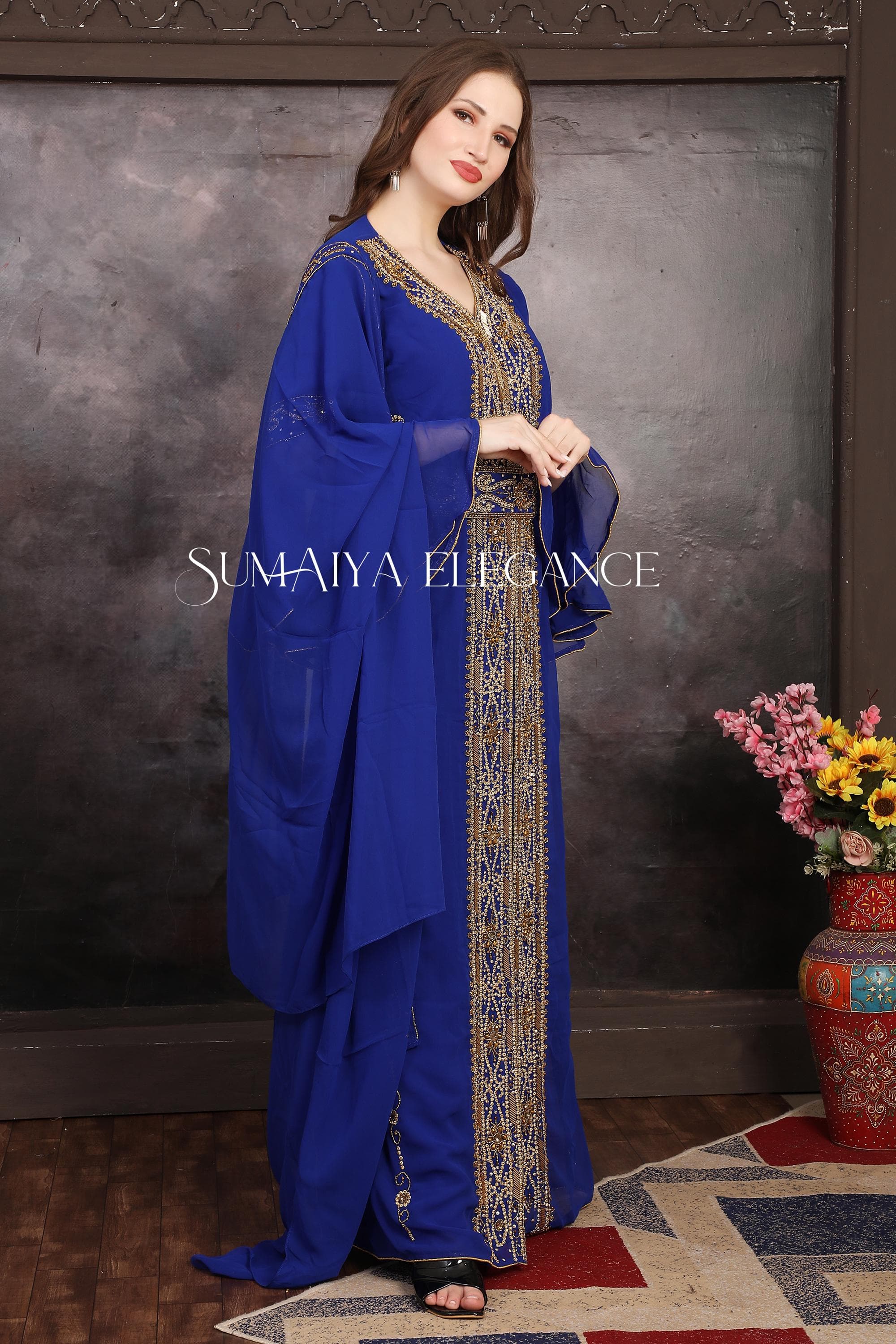 Hand Beaded Georgette Kaftan – Moroccan Dubai Abaya Dress with Scarf - image 4