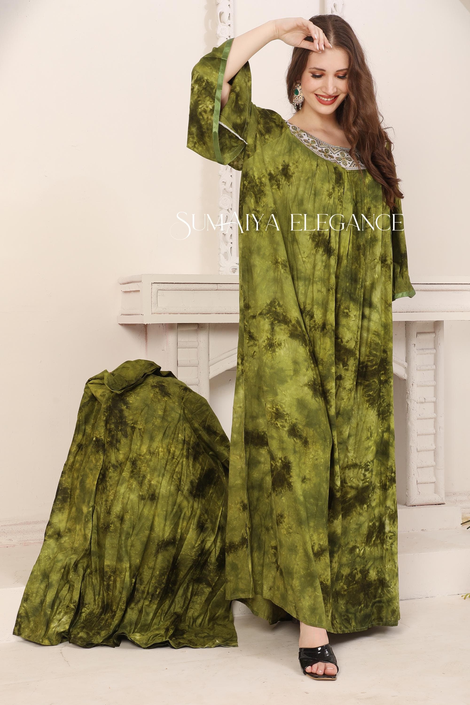 Handmade Rayon Kaftan Dress with Embroidered Neckline and Scarf - image 4