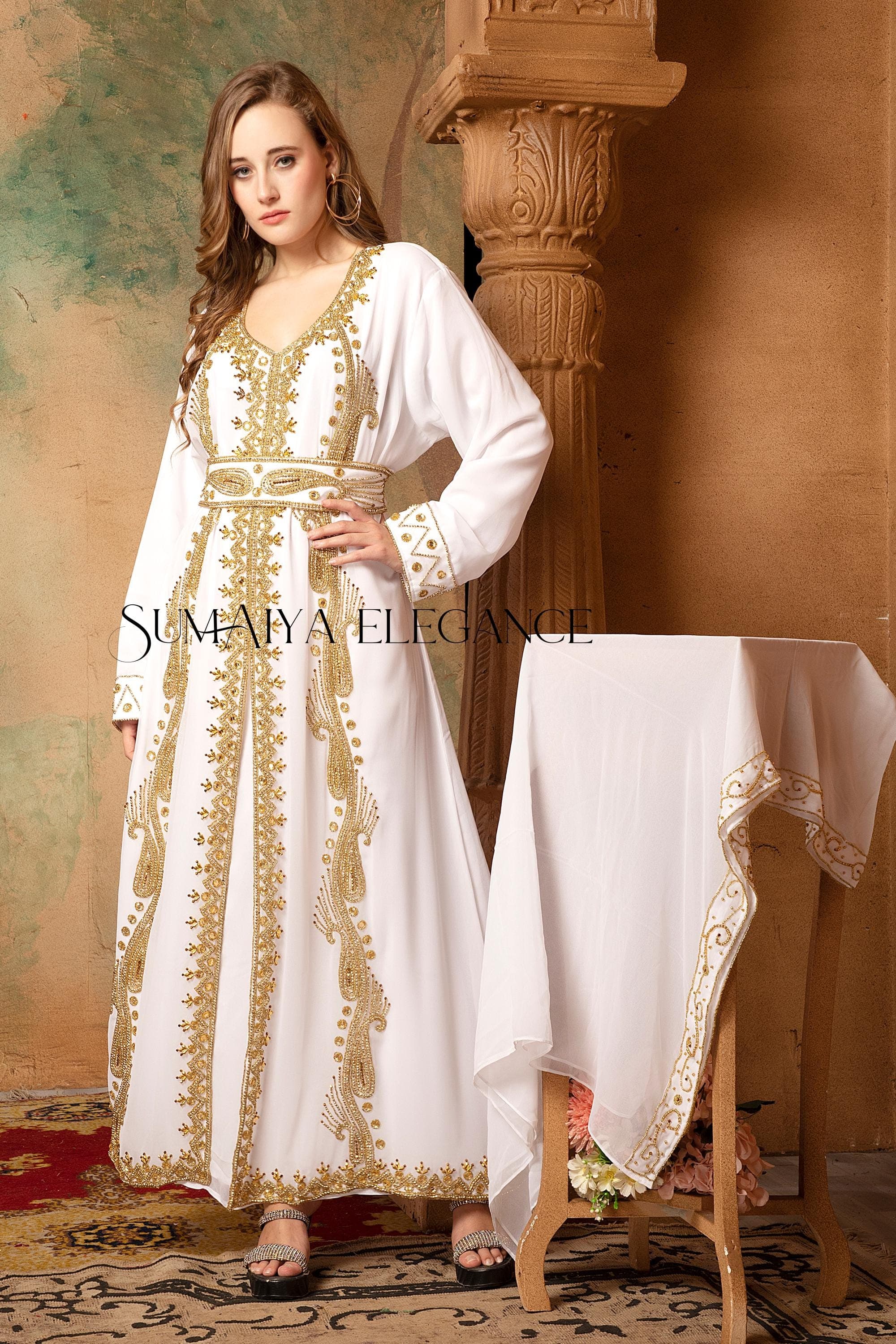 Hand Beaded Georgette Kaftan Abaya, Wedding Maxi Gown with Scarf