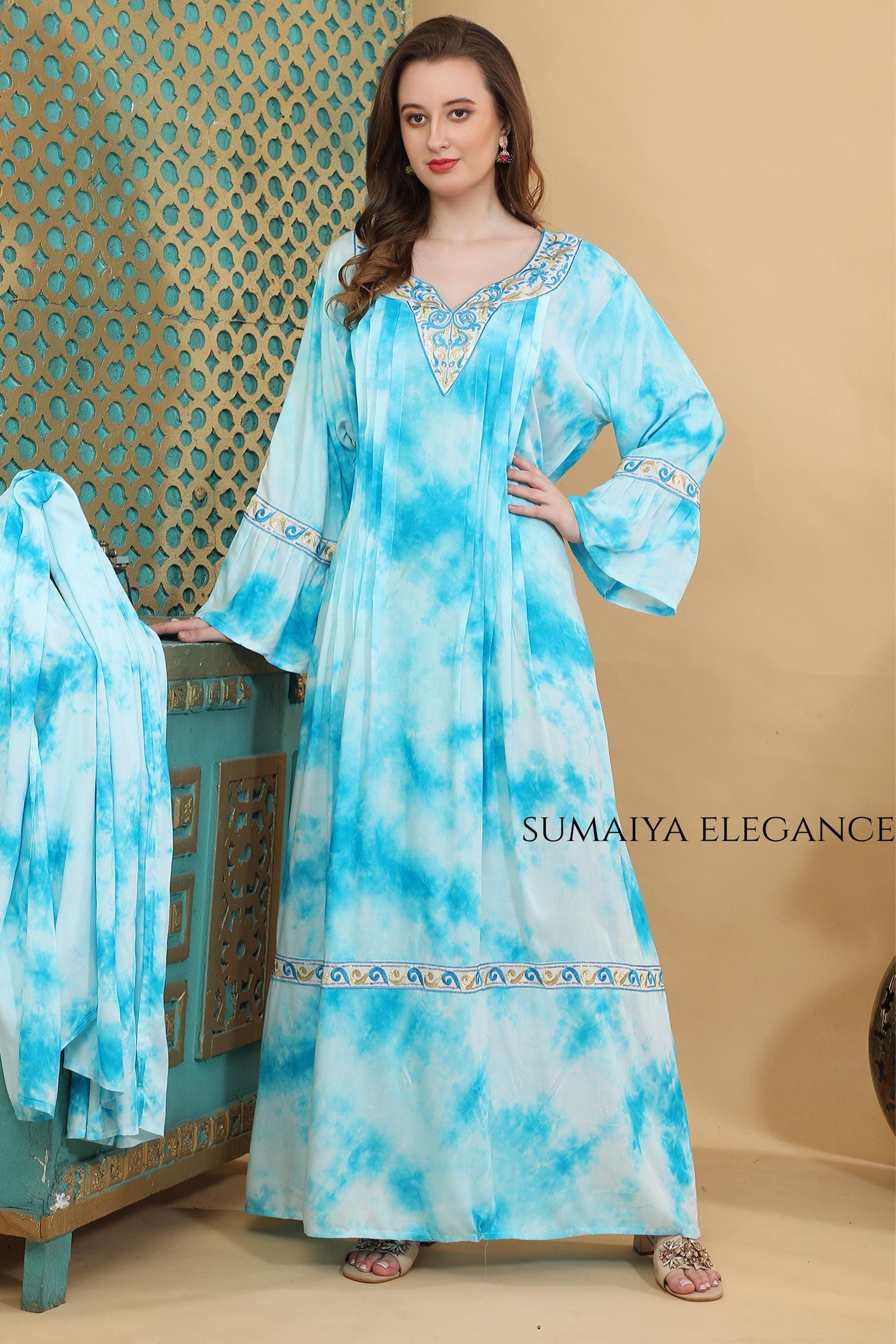 Tie Dye Kaftan Dress, Embroidered V Neck Farasha, Flowy Bell Sleeve Maxi Dress - image 3