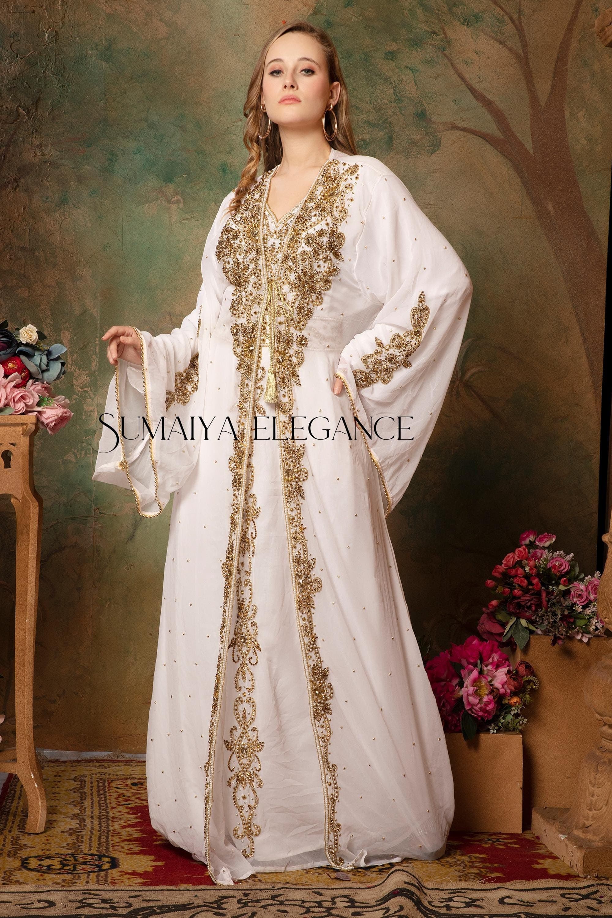 Khadija Takchita Moroccan Caftan Arabic Abaya Dress Dubai Kaftan Hand Beaded Party Wear Wedding Formal Stylish Dress Comes with Scarf Free