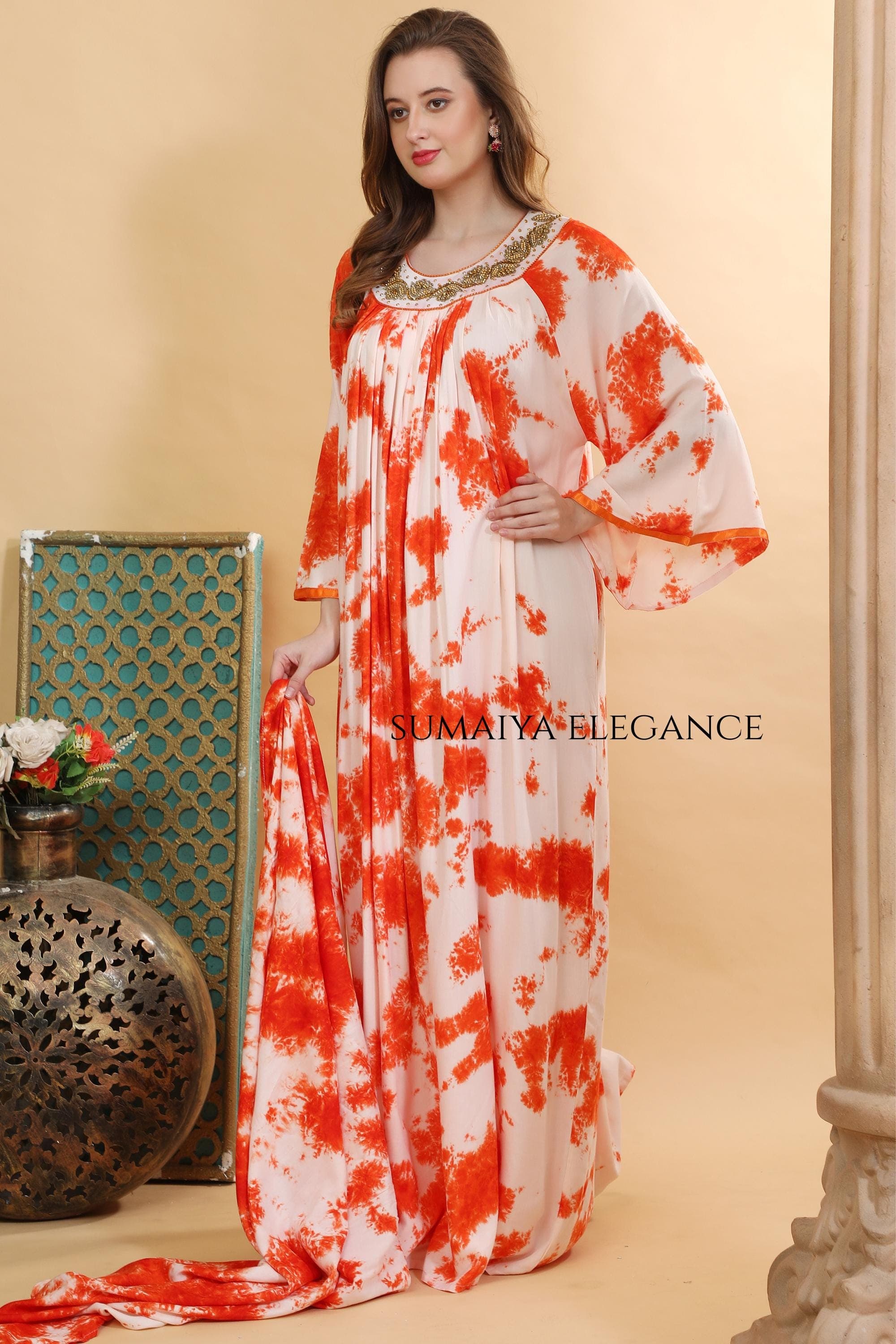 Embellished Round Neck Kaftan, Hand Beaded Maxi Dress, Loose Fit Boho Summer, Elegant Lounge Kaftan - image 4