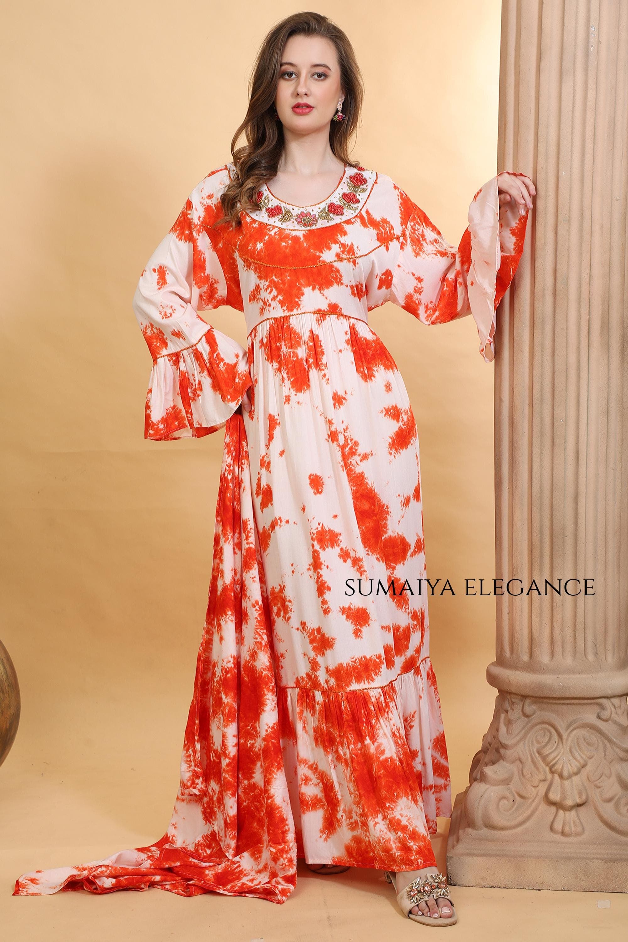 Hand Embroidered Neck Maxi Kaftan Dress, Flowy Sleeve Farasha, Modest Boho Long Dress, Loose Fit Resort Wear for Women