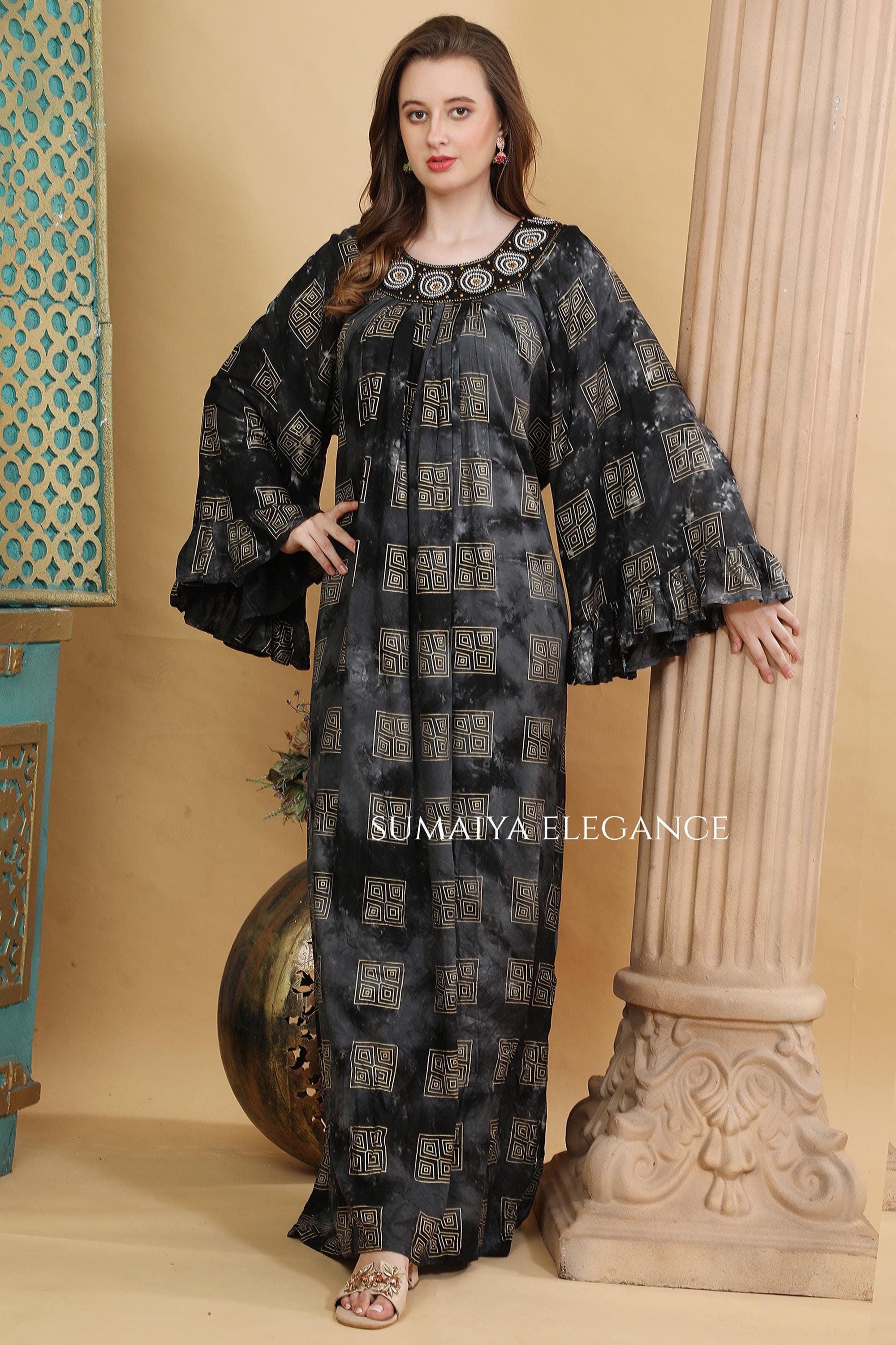 Hand Embellished Kaftan Dress, Geometric Print Maxi, Statement Neckline Caftan, Boho Luxe Lounge Wear, Resort Style Loose Fit Dress - image 3