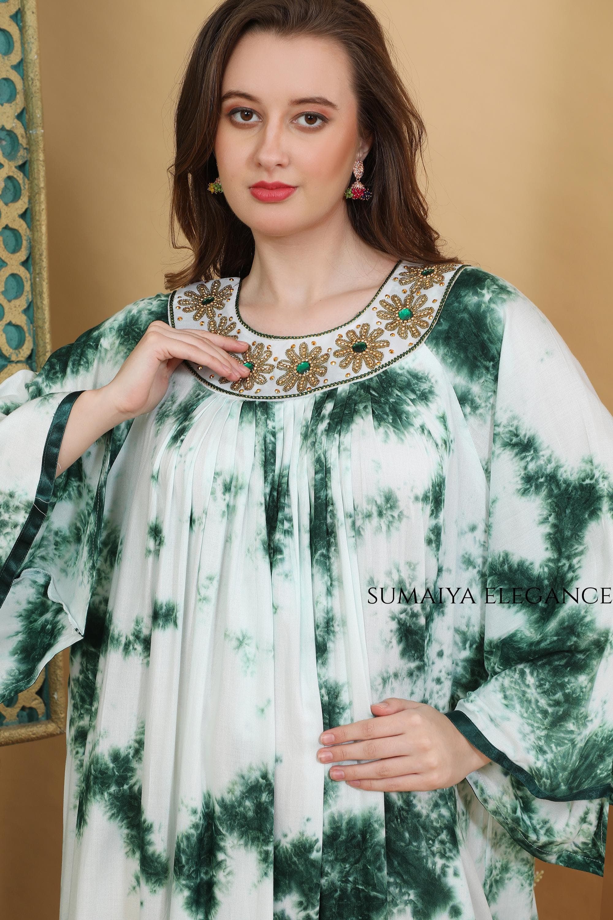 Hand Dyed Kaftan Maxi Dress Embellished Neckline Caftan Boho Resort Wear Flowy Lounge Dress Elegant Loose Fit - image 4