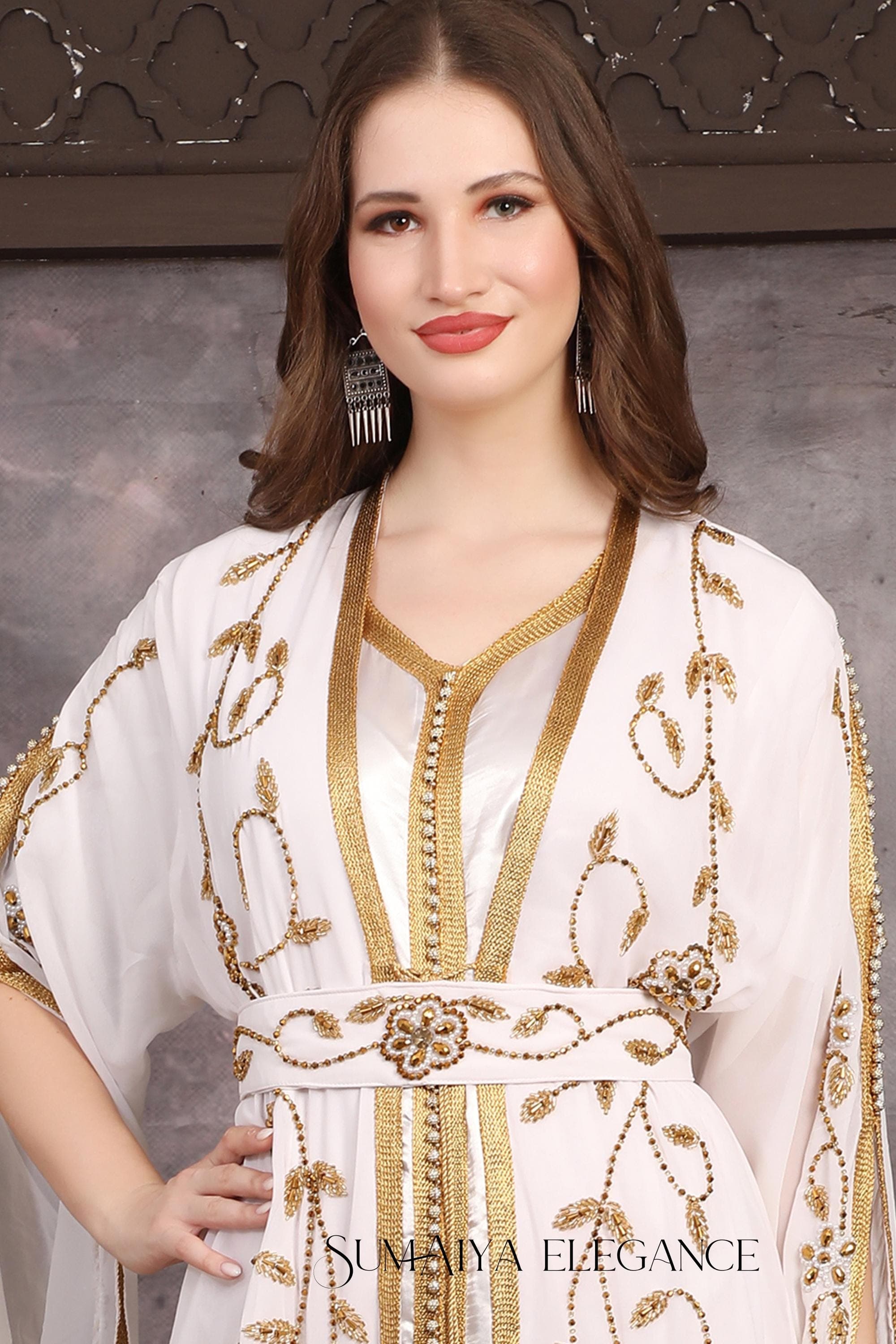White and Gold Islamic Kaftan, Hand Beaded Moroccan Wedding Maxi Georgette Dress with Hijab - image 3