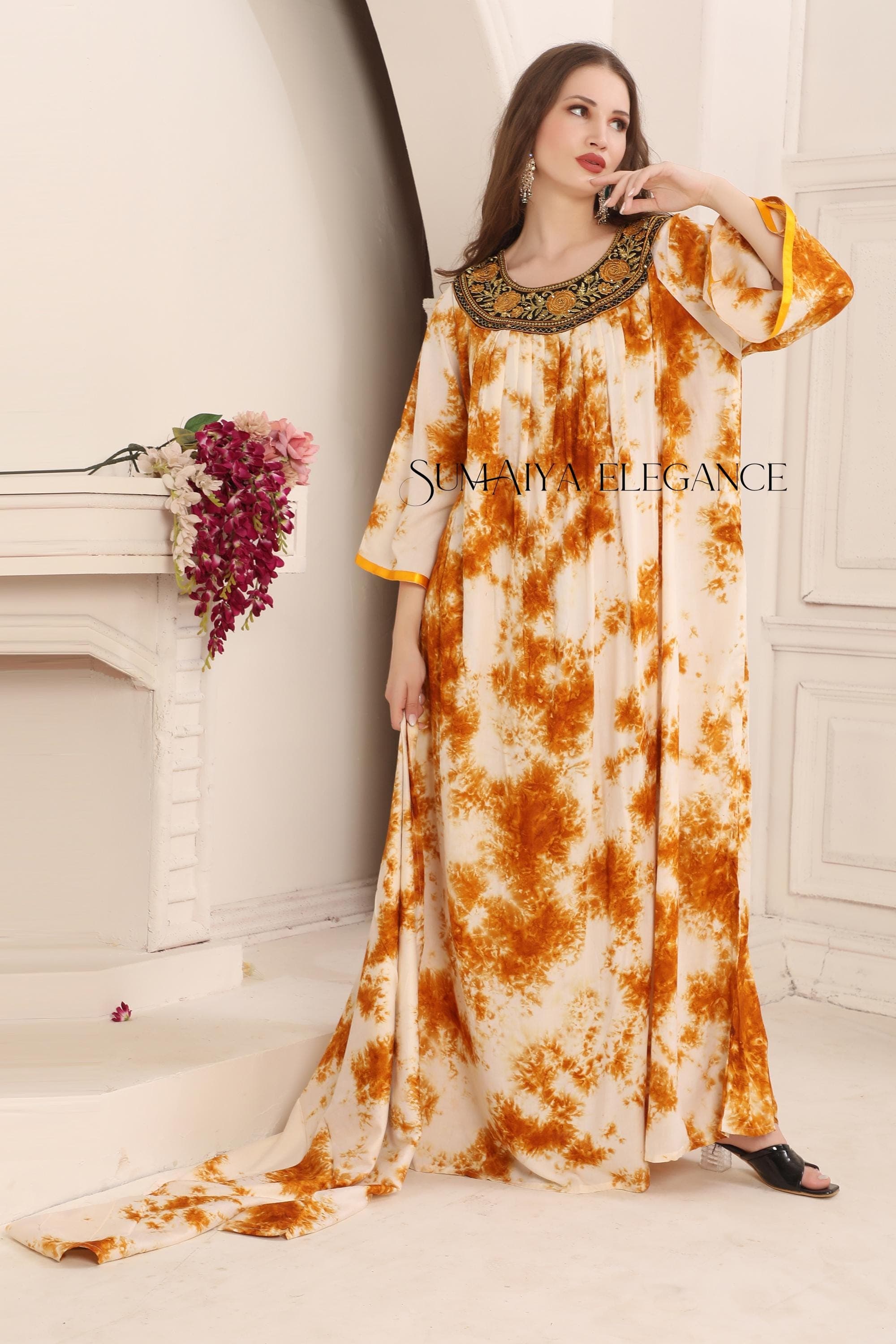 Embroidered Tie Dye Kaftan Abaya with Scarf – Handmade Maxi Dress
