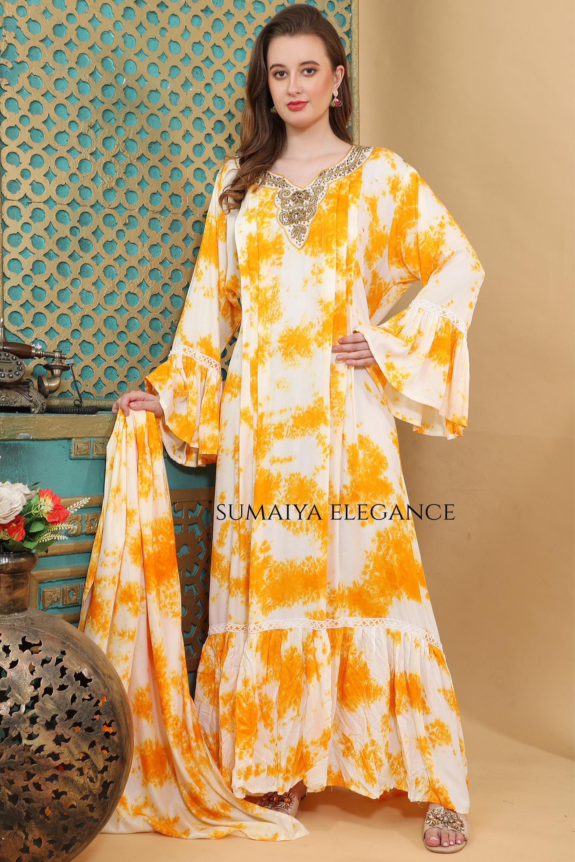 Bohemian Tie Dye Maxi Summer Beach Vacation Dress Lace Trim Bell Sleeve Gown Intricate Neckline Embroidery Long Dress