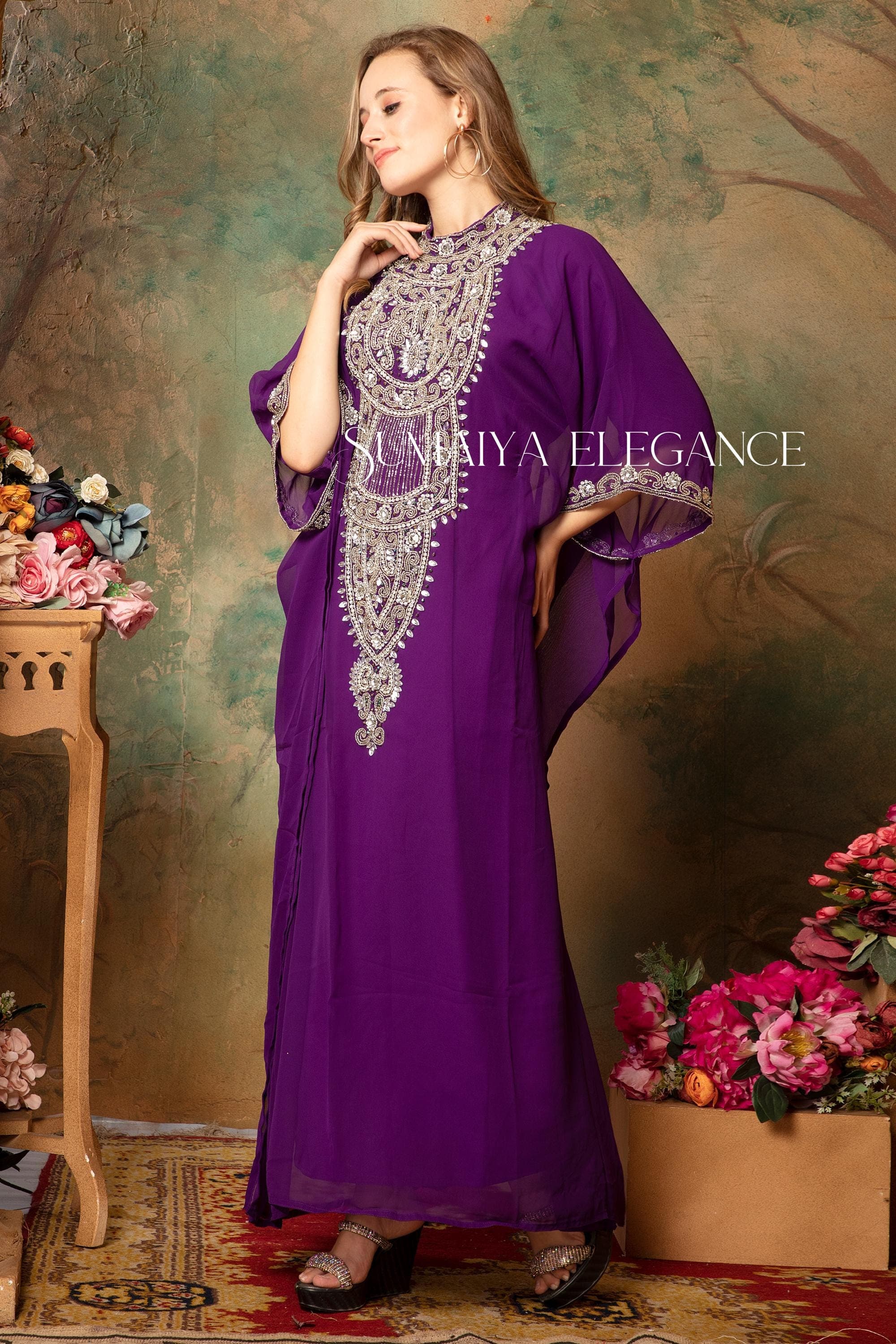 Embellished Georgette Kaftan with Scarf, Dubai Moroccan Farasha Dress - image 5