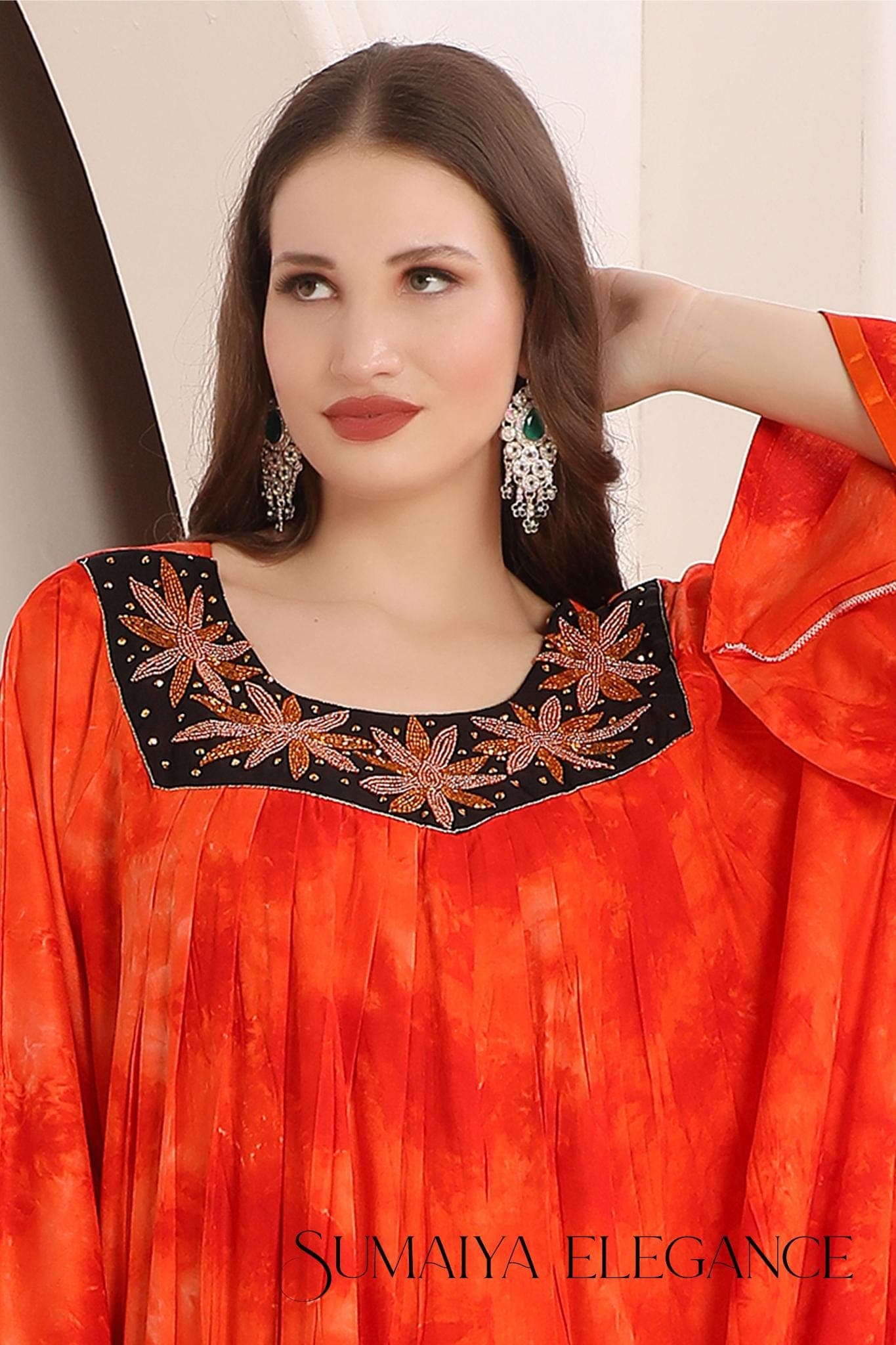 Handmade Pleated Kaftan Dress | Beaded Abaya Gown, Matching Scarf - image 3