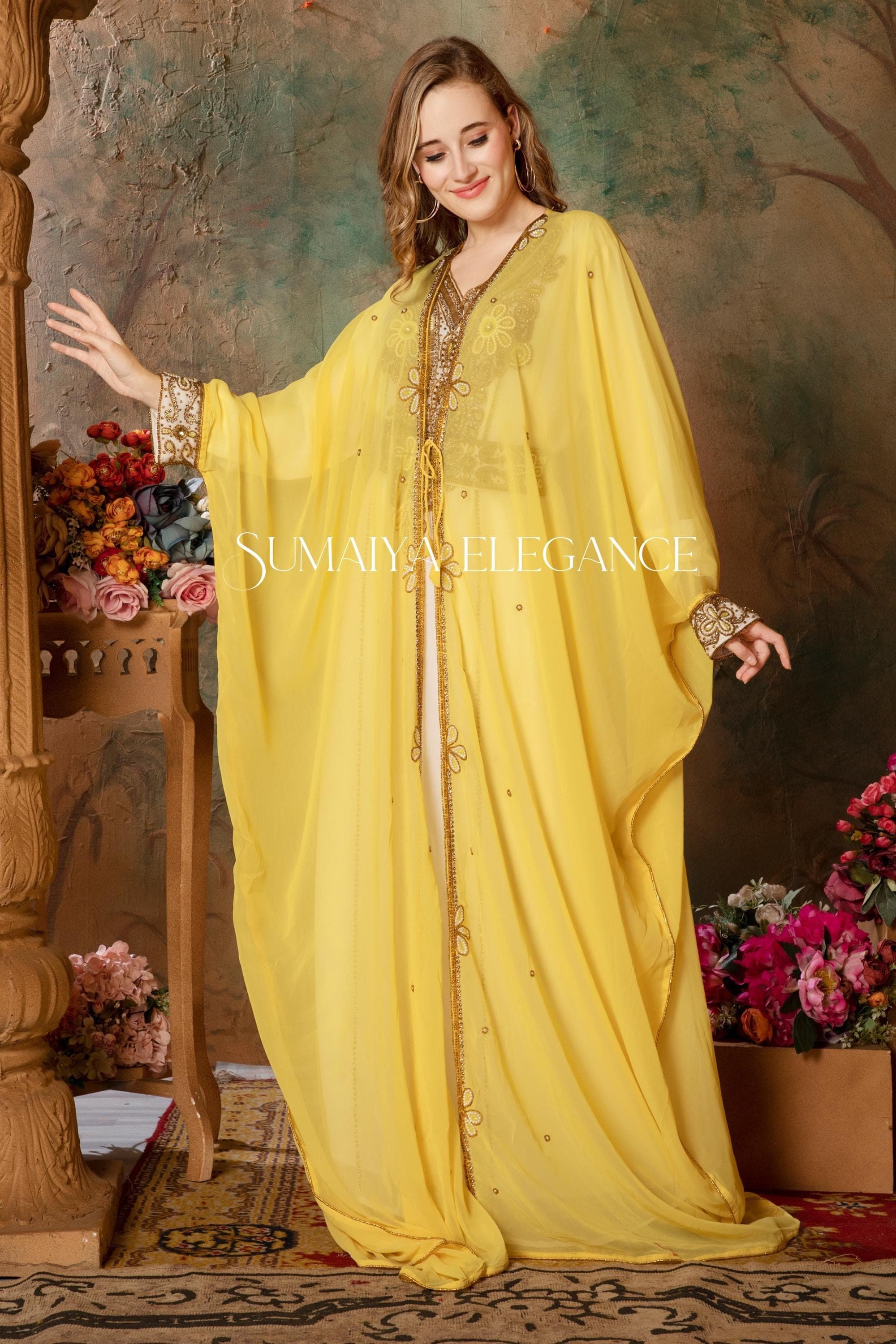 Victorya Inner Jacket Caftan Dubai Moroccan Kaftan Elegant Hand Beaded Party Wear Wedding Arabic Abaya Floor Length Stylish Dress with Scarf