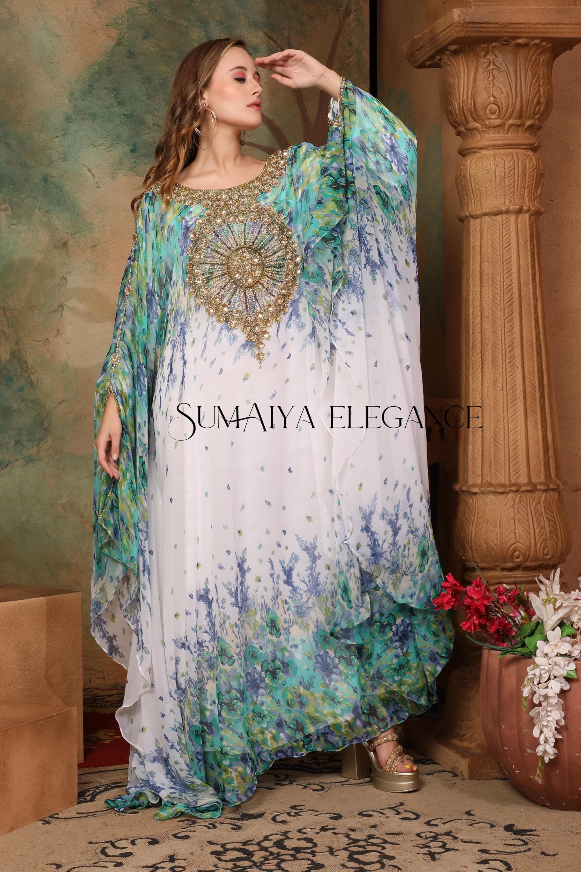Hand Beaded Moroccan Kaftan Abaya Dress with Scarf
