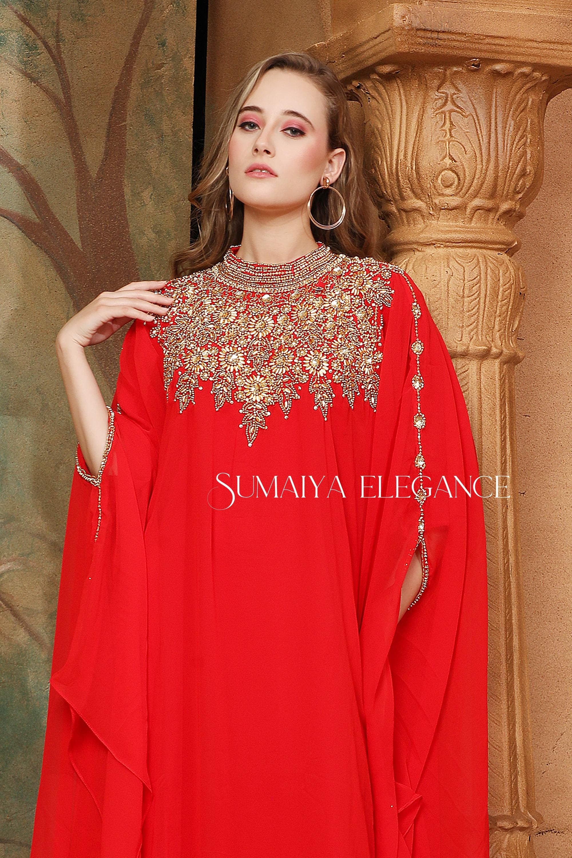 Embellished Georgette Caftan Dress with Headscarf - image 3